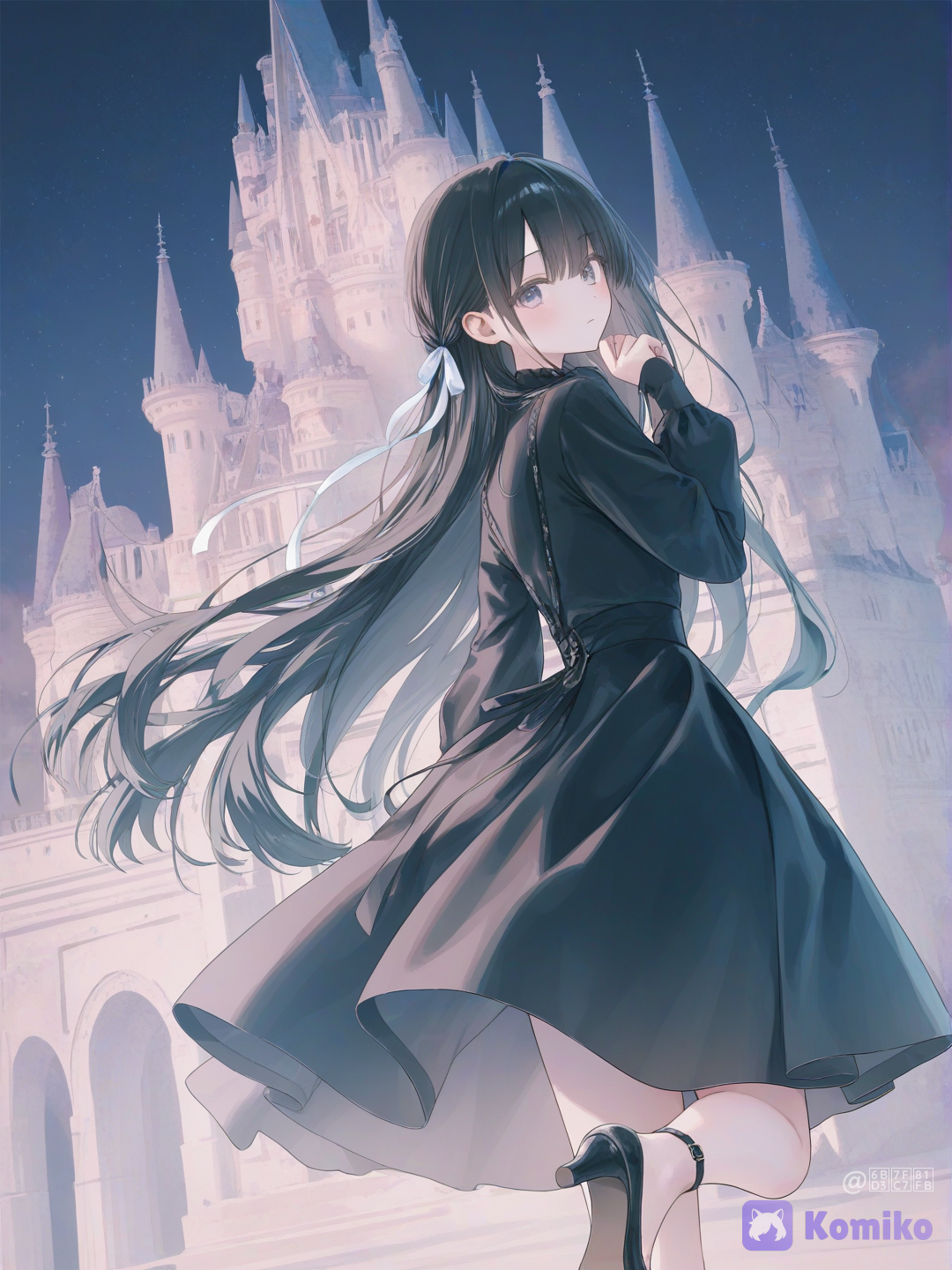 [soft-pastel-style], 1girl, looking back, expressionless, hair ribbon, strappy heels, charcoal blackLong, flowing black hair, rim light, castle, upper body, royal outfit, little black dress