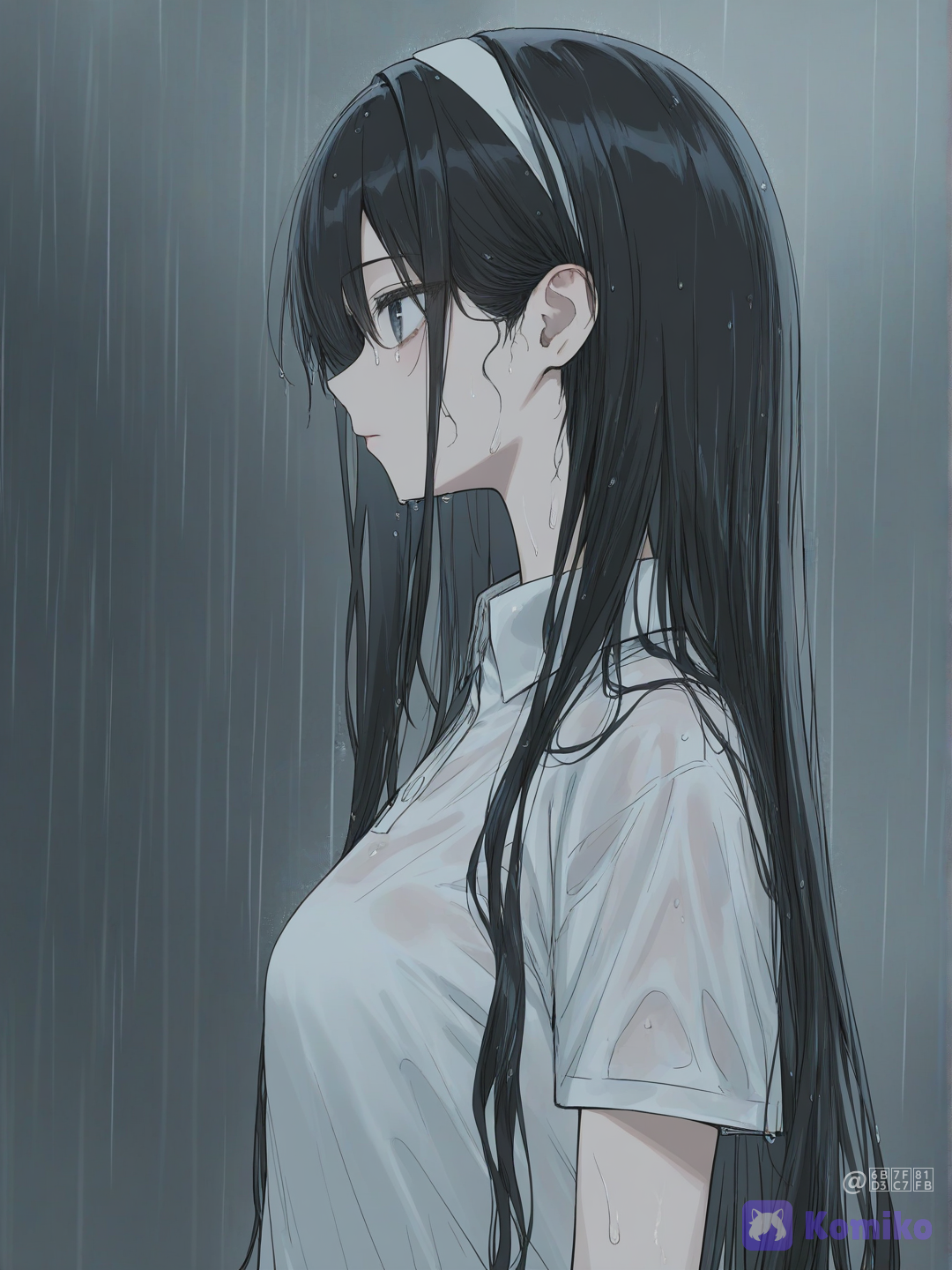 [soft-pastel-style], 1girl, leaning back, expressionless, polo shirt, black hair, charcoal black Black long flowing hair, rim light, rainy, over-the-shoulder shot, side profile photo, looking away, hairband
