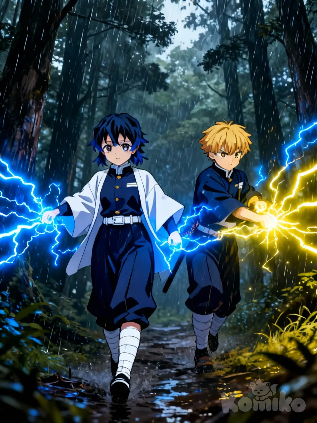 1boy, 1girl, 2people, @yuri-tomohito-N2Yl, @Agatsuma_Zenitsu, yuri is the girl zenistu the boy, walking on a raining forest, they hunt demon, the two of them helping each other, demon slayer uniform, zenistu use is electric power, and yuri use blue lightning thunder. Anime battle, completely nude, pussy, breasts