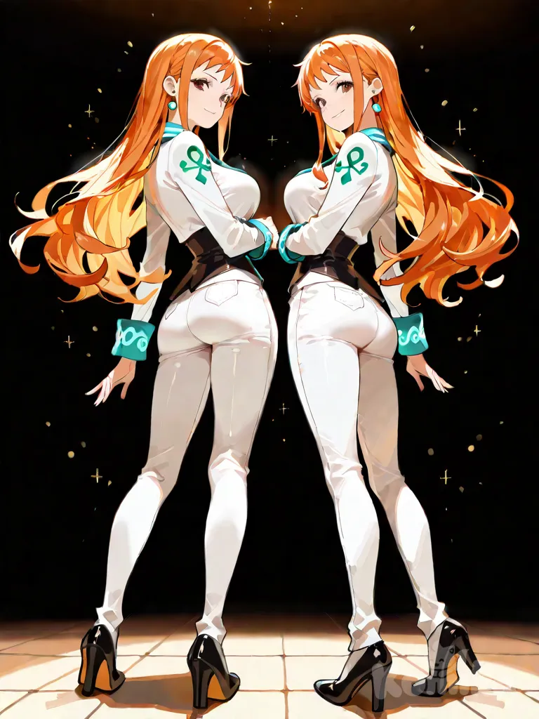 Two identical versions of Nami from One Piece, standing side by side in the exact same pose, both full body and looking directly at the viewer with the same confident, playful smile. Both have long straight orange hair, brown eyes, soft dimples, and elegant features. One Nami is fully dressed in her signature outfit: a crop top, denim shorts, jewelry, and accessories. The other Nami is completely nude, her slim and athletic body fully exposed, bare breasts and nipples, smooth pale skin, and identical expression, hairstyle, and pose as the clothed version. The only difference between them is their clothing. They are perfectly mirrored, elegant and artistic, standing against a simple white background. Highly semi-realistic anime style, glossy hair and skin, matching dynamic poses, by WLOP, Greg Rutkowski, sharp focus, NSFW, uncensored, artistic nudity, twin character, parallel composition, full scene, vivid colors, refined, confident and playful mood.