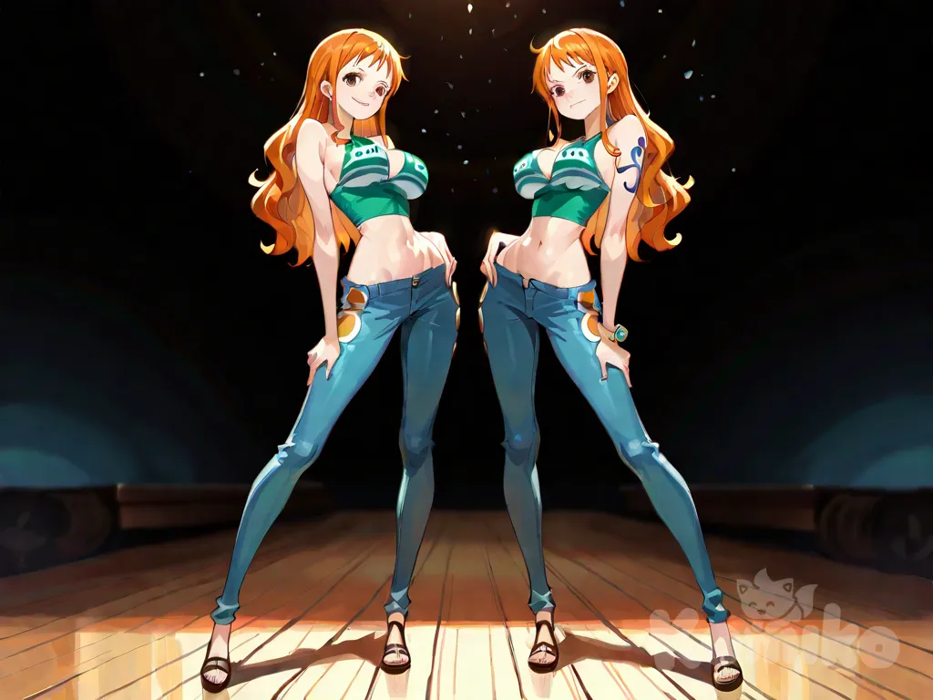 Two identical versions of Nami from One Piece, standing side by side in the exact same pose, both full body and looking directly at the viewer with the same confident, playful smile. Both have long straight orange hair, brown eyes, soft dimples, and elegant features. One Nami is fully dressed in her signature outfit: a crop top, denim shorts, jewelry, and accessories. The other Nami is completely nude, her slim and athletic body fully exposed, bare breasts and nipples, smooth pale skin, and identical expression, hairstyle, and pose as the clothed version. The only difference between them is their clothing. They are perfectly mirrored, elegant and artistic, standing against a simple white background. Highly semi-realistic anime style, glossy hair and skin, matching dynamic poses, by WLOP, Greg Rutkowski, sharp focus, NSFW, uncensored, artistic nudity, twin character, parallel composition, full scene, vivid colors, refined, confident and playful mood.