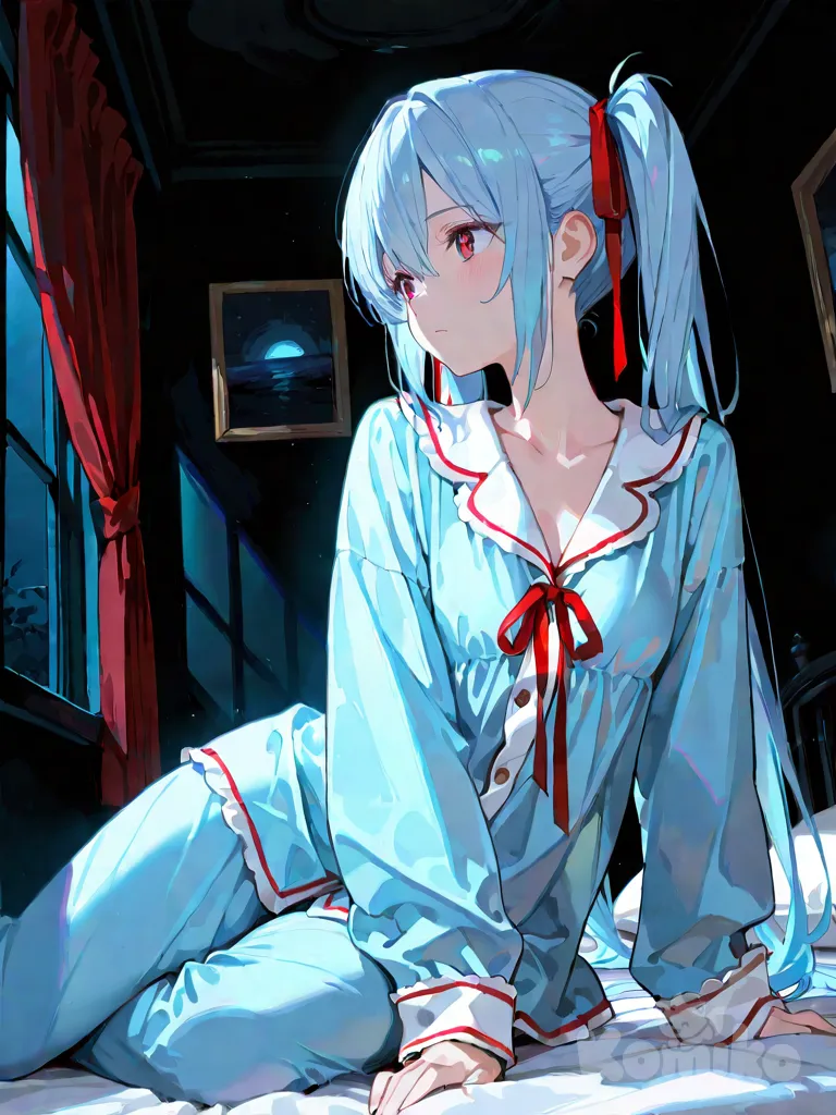 A beautiful anime girl with long, light blue hair tied in twin ponytails with red ribbons, wearing loose blue satin pajamas with white trim. She is sitting on her bed at night in a softly lit room, the background dark with a faint window visible. Her pajama shirt is open at the chest, revealing deep cleavage and smooth skin, with one shoulder exposed. Her head is tilted gently to the side, eyes closed, lips slightly parted, and her expression peaceful and dreamy, as if she is falling asleep. Her legs are folded comfortably beneath her, hands resting on her lap. Soft moonlight and ambient blue lighting create gentle highlights and glossy reflections on her hair and skin. The scene is semi-realistic anime style, extremely WLOP and Greg Rutkowski inspired, warm and calming mood, high resolution, sharp focus, dreamy nighttime atmosphere.