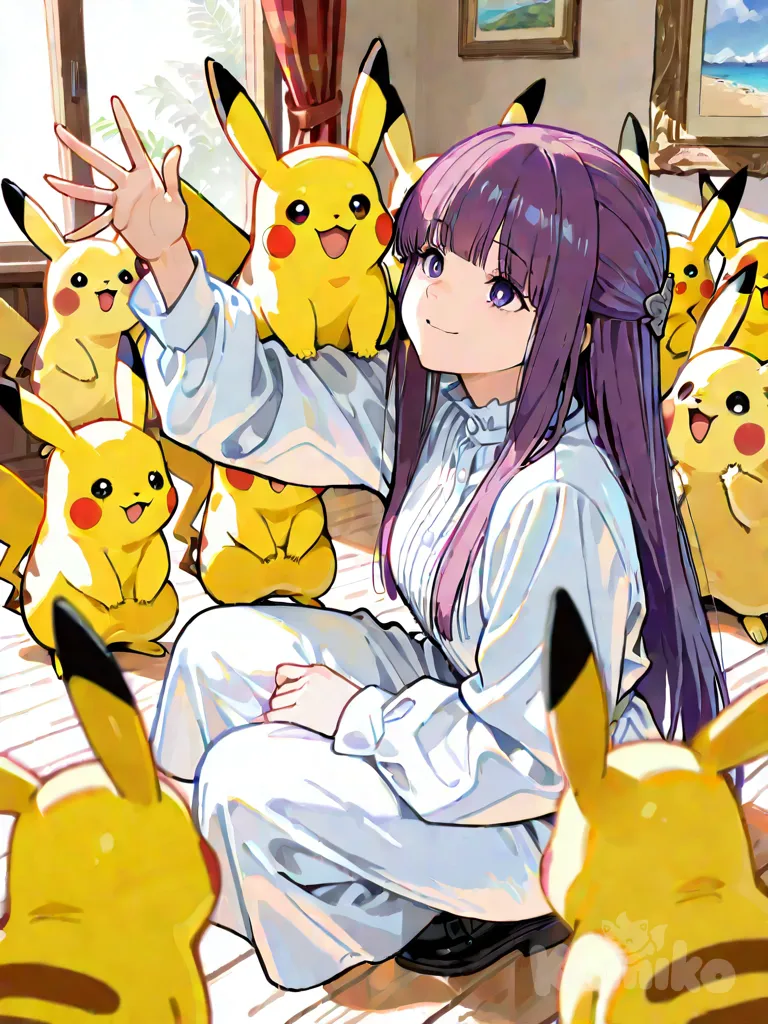 Fern from Sousou no Frieren squatting playfully on a pure smiling brightly with a cheerful expression. She has long purple hair. Around her are several happy Pikachu, some sitting beside her, some playfully reaching up to her. The scene is energetic and fun, with Fern looking lively and friendly. The background is completely white, studio-style, with soft, clean lighting. Semi-realistic anime style, highly vibrant colors, cute atmosphere, sharp focus, completely nude, pussy, classroom, nude, pussy, breasts, spread legs