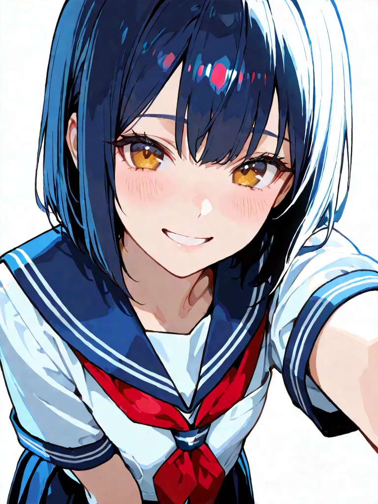 three anime girls standing close together, sailor school uniforms, navy blue skirts and white tops with red neckerchiefs, smiling cheerfully, friendly atmosphere, one girl taking a selfie with her arm extended, bright daylight, clean white background, youthful anime style, soft shading, smooth skin, eyes, vibrant colors, illustration, semi-realistic anime rendering