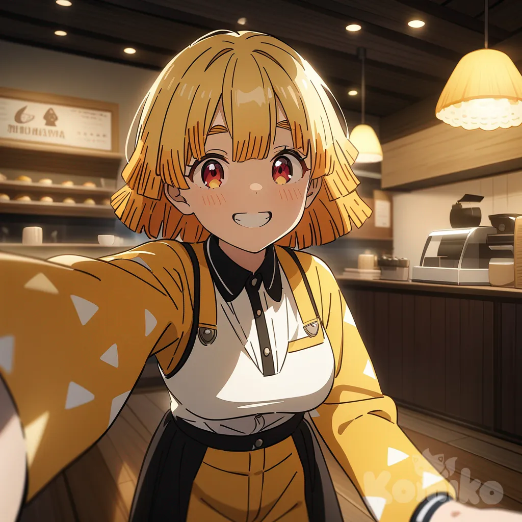 selfie, full body, ambient light, cafe, smile, anime coloring, Agatsuma Zenitsu