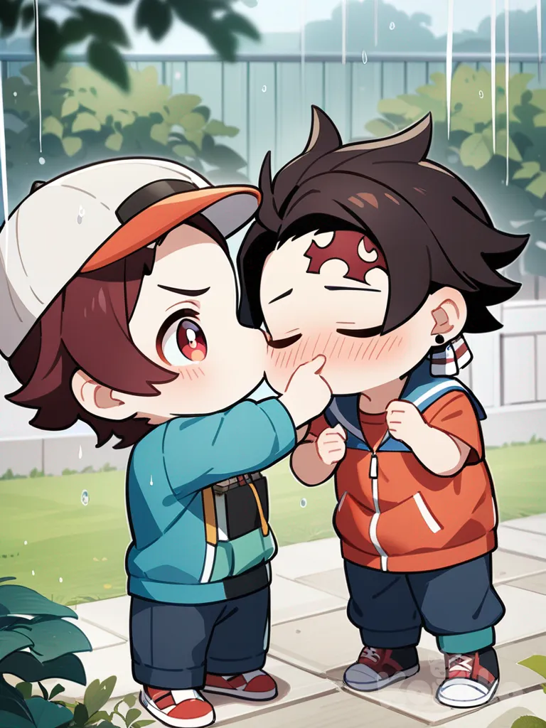 2boys, Ash Ketchum, Kamado Tanjirou, chibi, blush, 2kids naked, full body, rainy, day, garden, face pinching, kissing