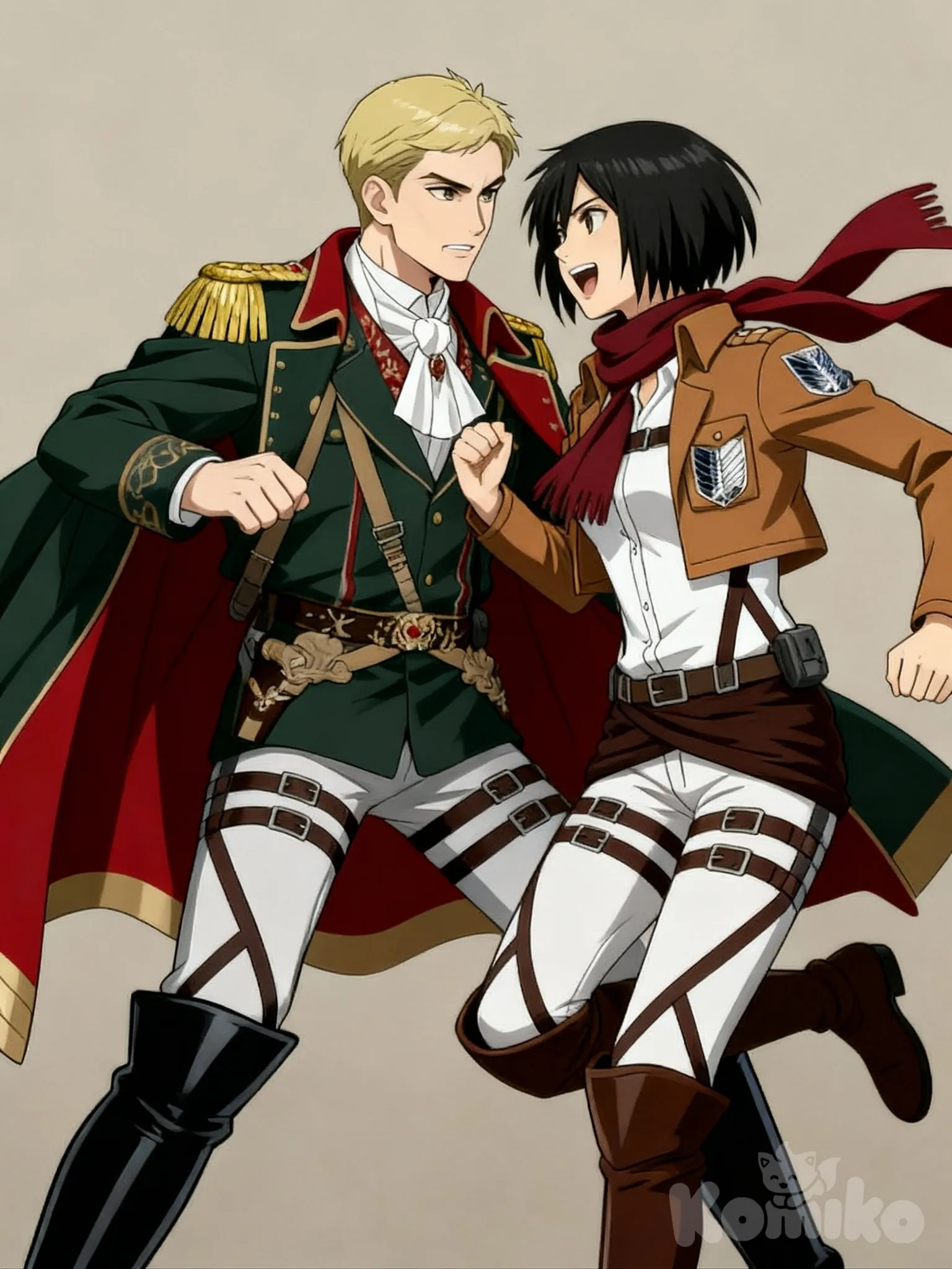 1boy, 1girl, @Erwin_Smith, @Mikasa_Ackerman
