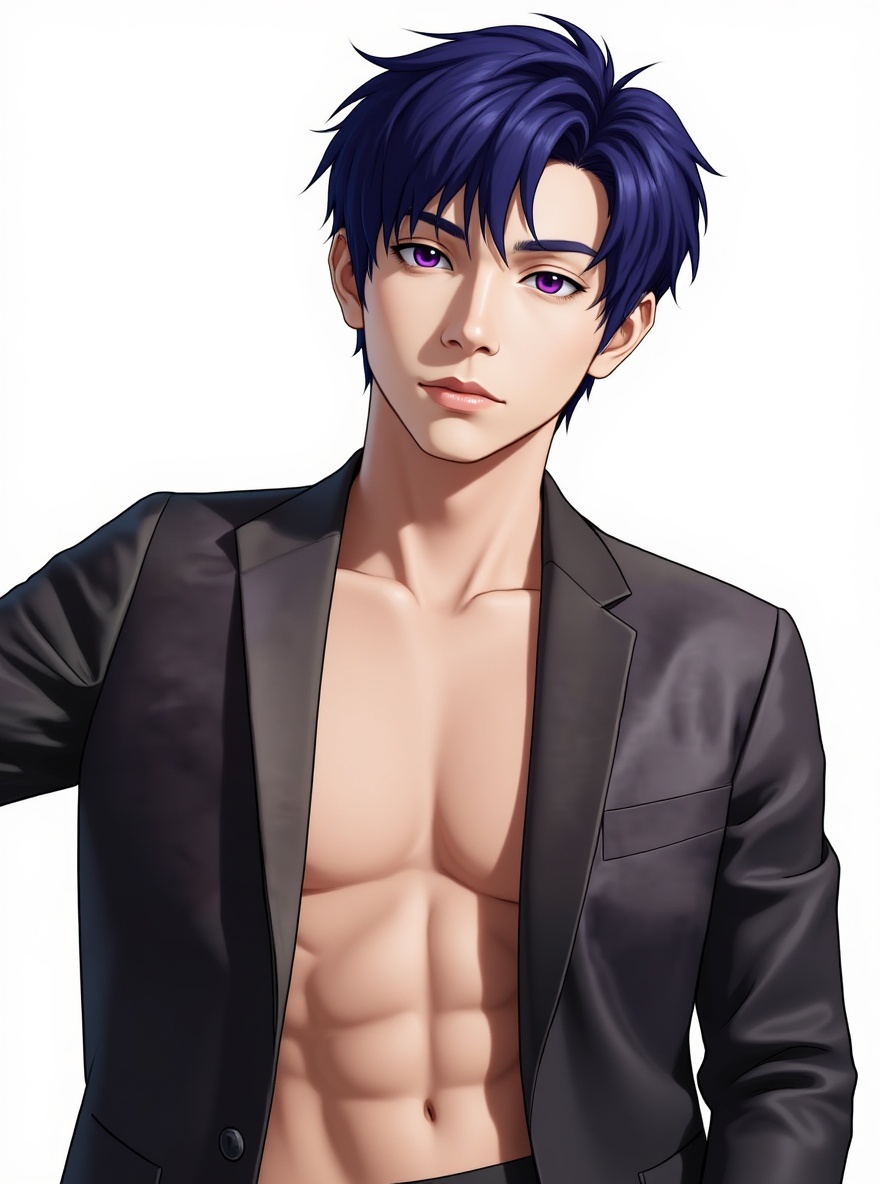 1boy, seductive, six_pack, abs, slender_body, pale_skin, blue-purple_hair, purple_eyes, swim_trunks, shirtless, bare_chest, muscular_male, cold_eyes, intimidating_expression, single character, full body, looking at viewer, manhwa style, simple background, white background