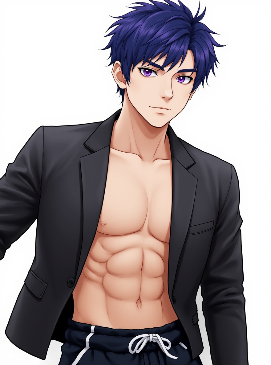 1boy, seductive, six_pack, abs, slender_body, pale_skin, blue-purple_hair, purple_eyes, swim_trunks, shirtless, bare_chest, muscular_male, cold_eyes, intimidating_expression, single character, full body, looking at viewer, manhwa style, simple background, white background