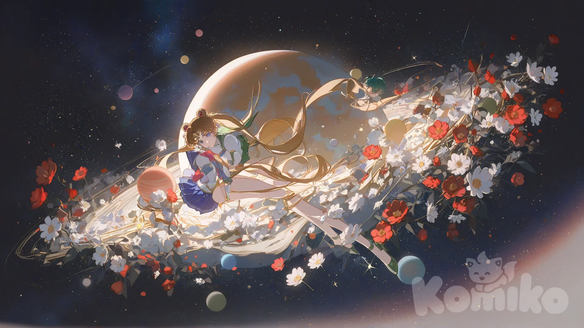 [lacquered-illustration-style], full body, ultra-wide shot, galaxy angel, white flower, red flower, galaxy, planet, mars planet, sailor jupiter, sailor mercury, bishoujo senshi sailor moon, sailor mars, sailor venus, eternal sailor moon.