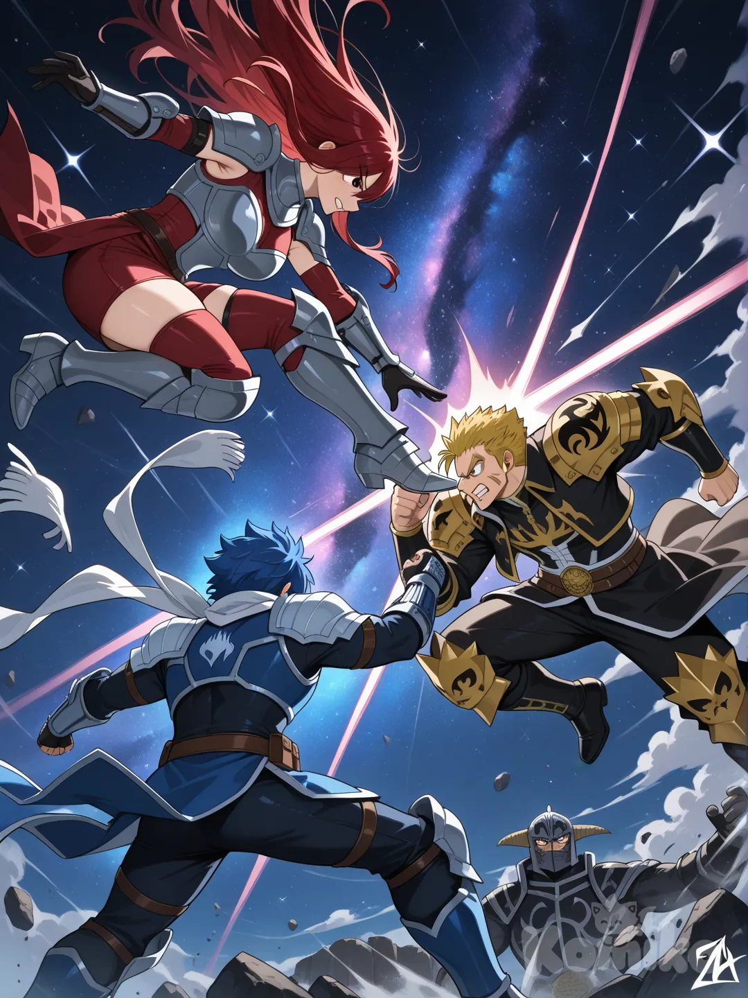 fairy tail, laxus dreyar, jellal fernandes, erza scarlet, battle, fight each other, armor (erza), galaxy, black holes