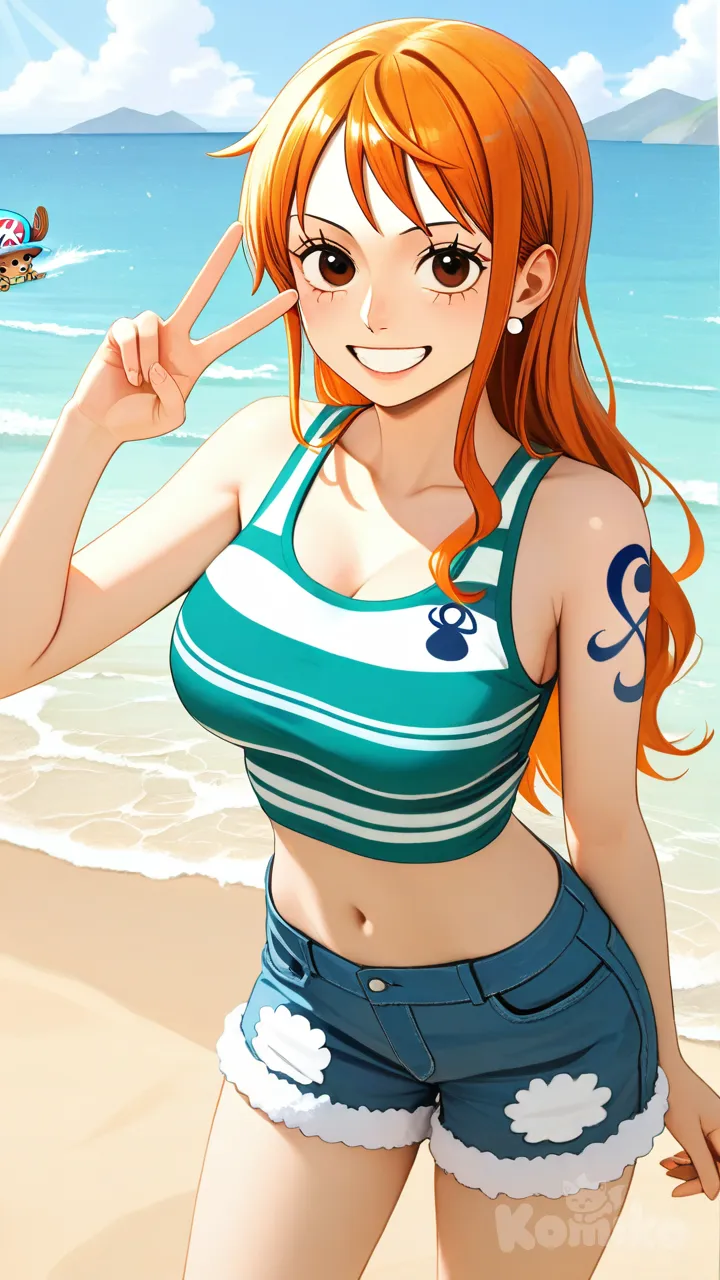 @Nami_(One_Piece), @Monkey_D._Luffy, @Tony_Tony_Chopper, [irasutoya-style], v sign, looking at phone