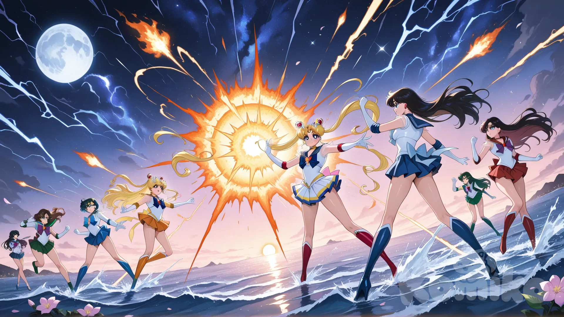 super sailor moon, galaxy, sailor venus, sailor mercury, sailor mars, sailor jupiter, 5 girls, full moon, moon, flower, sun, water attack, fire attack, thunder attack, love attack, bishoujo senshi sailor moon, moon twlight attack