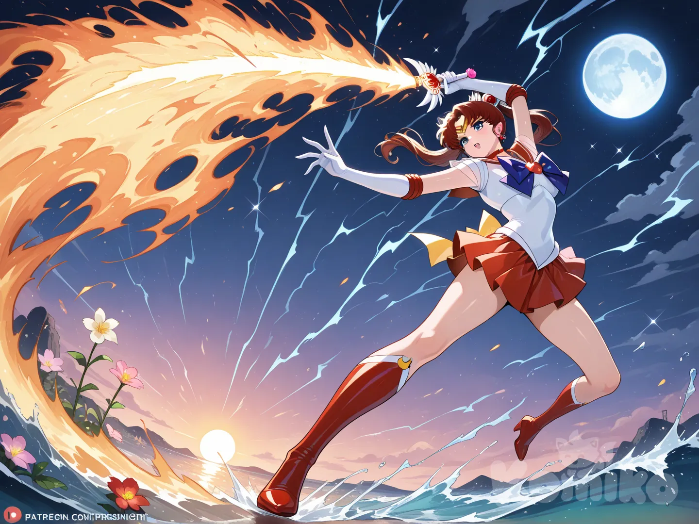 super sailor moon, galaxy, sailor venus, sailor mercury, sailor mars, sailor jupiter,full moon, moon, flower, sun, water attack, fire attack, thunder attack, love attack, bishoujo senshi sailor moon, moon twlight attack