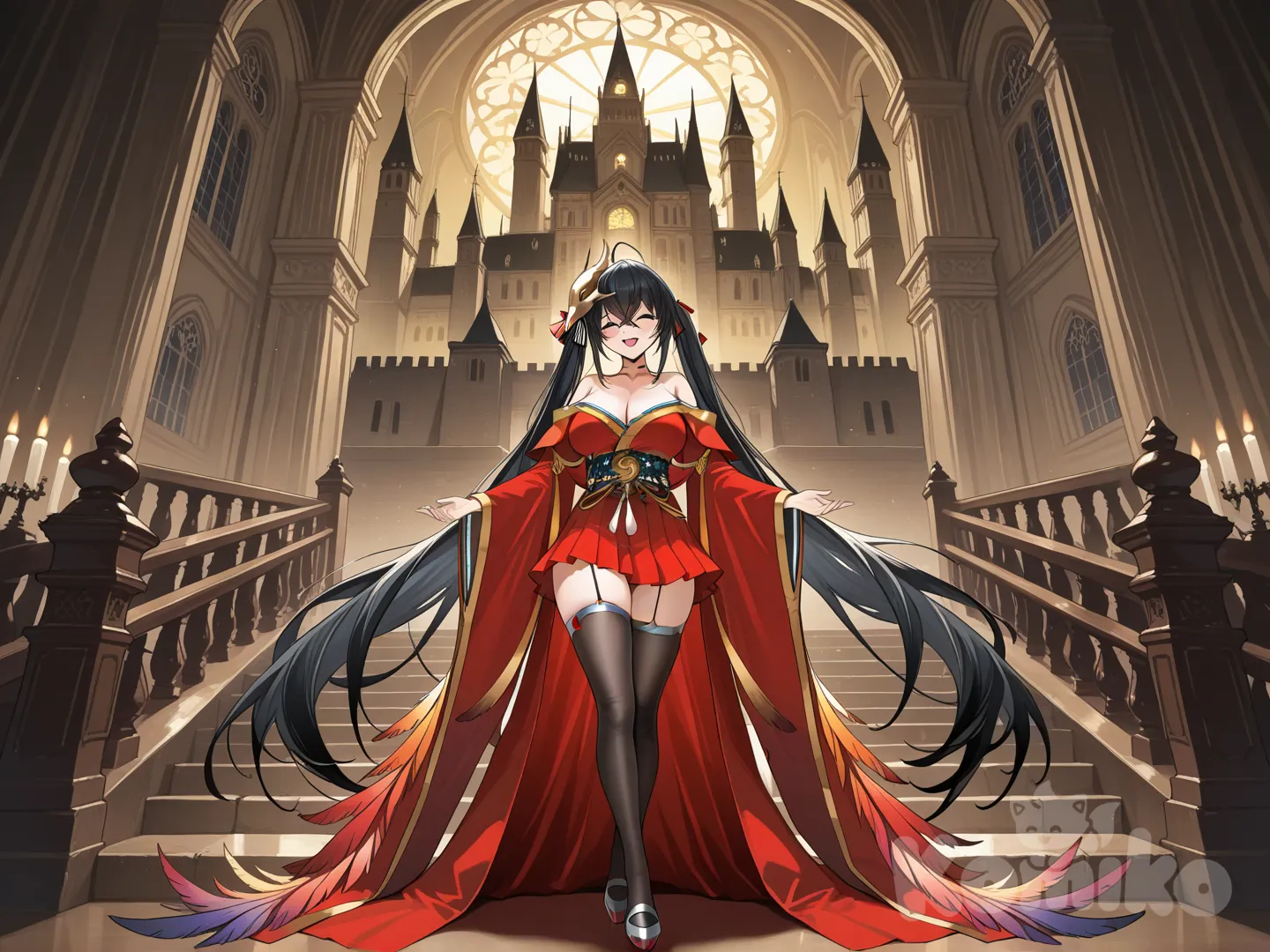 @Taihou_(Azur_Lane), one eye closed, full body, top light, castle