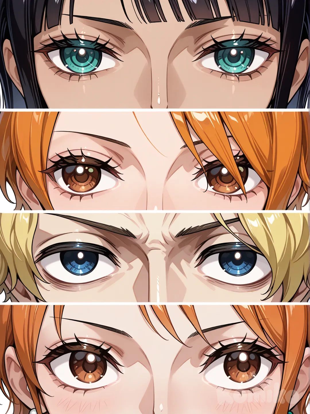 @Sanji_(One_Piece), @Nico_Robin, @Nami_(One_Piece), @Sabo_(One_Piece), closeup, portrait, looking away, bird's-eye view