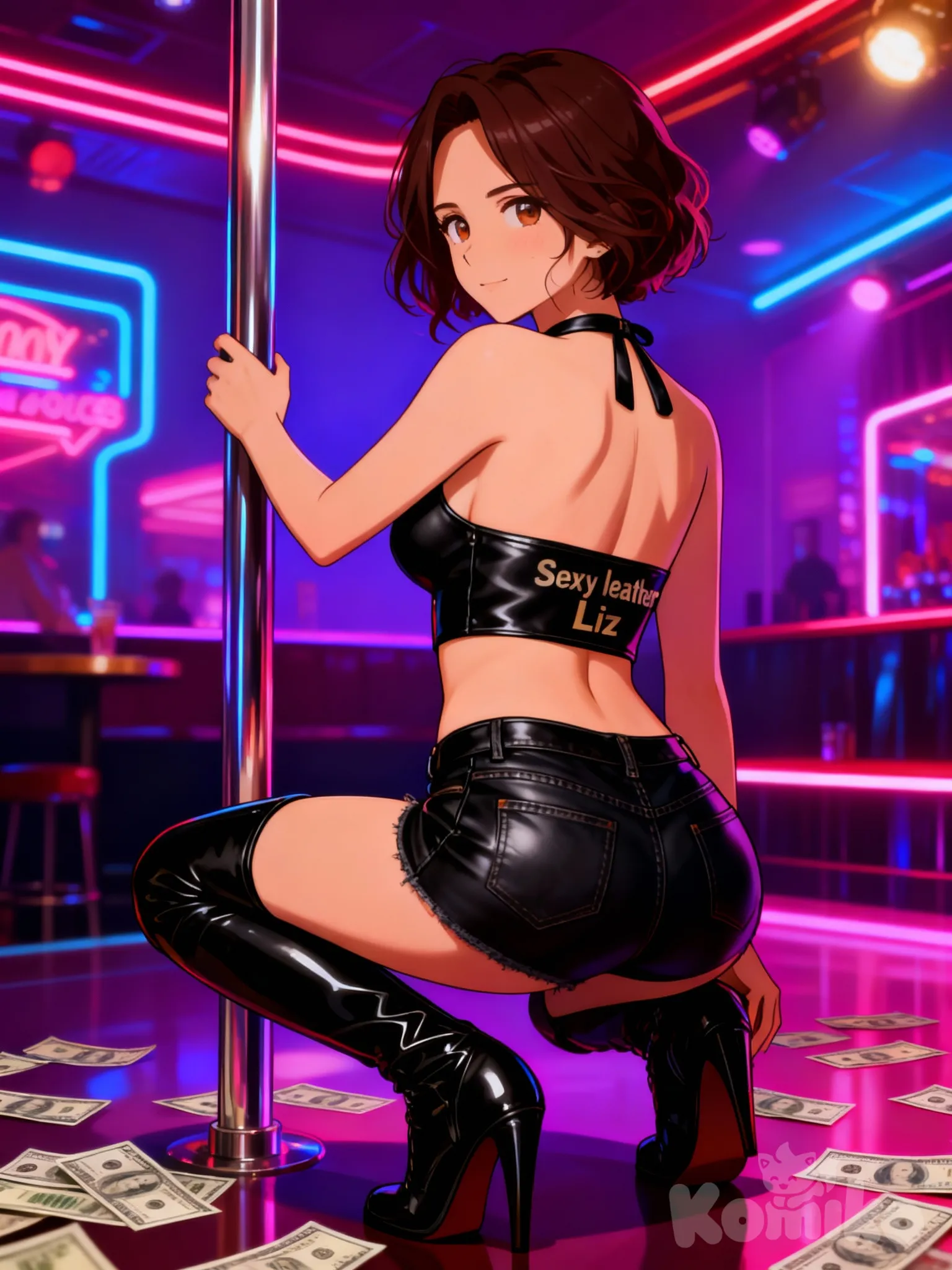 leather crop halter top that says " Sexy leather Liz", huge big ass in black leather jean shorts, thigh high stripper boots, crouching, one hand on stripper pole, other hand on knee, neon strip club, rear view, looking back, $100 dollar bills everywhere on the floor