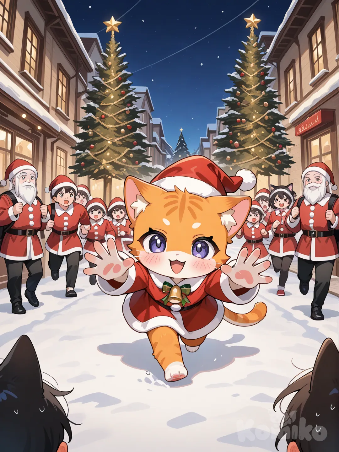 Gatinho laranja vestido de papai Noel. Correndo de várias crianças que querem presentes