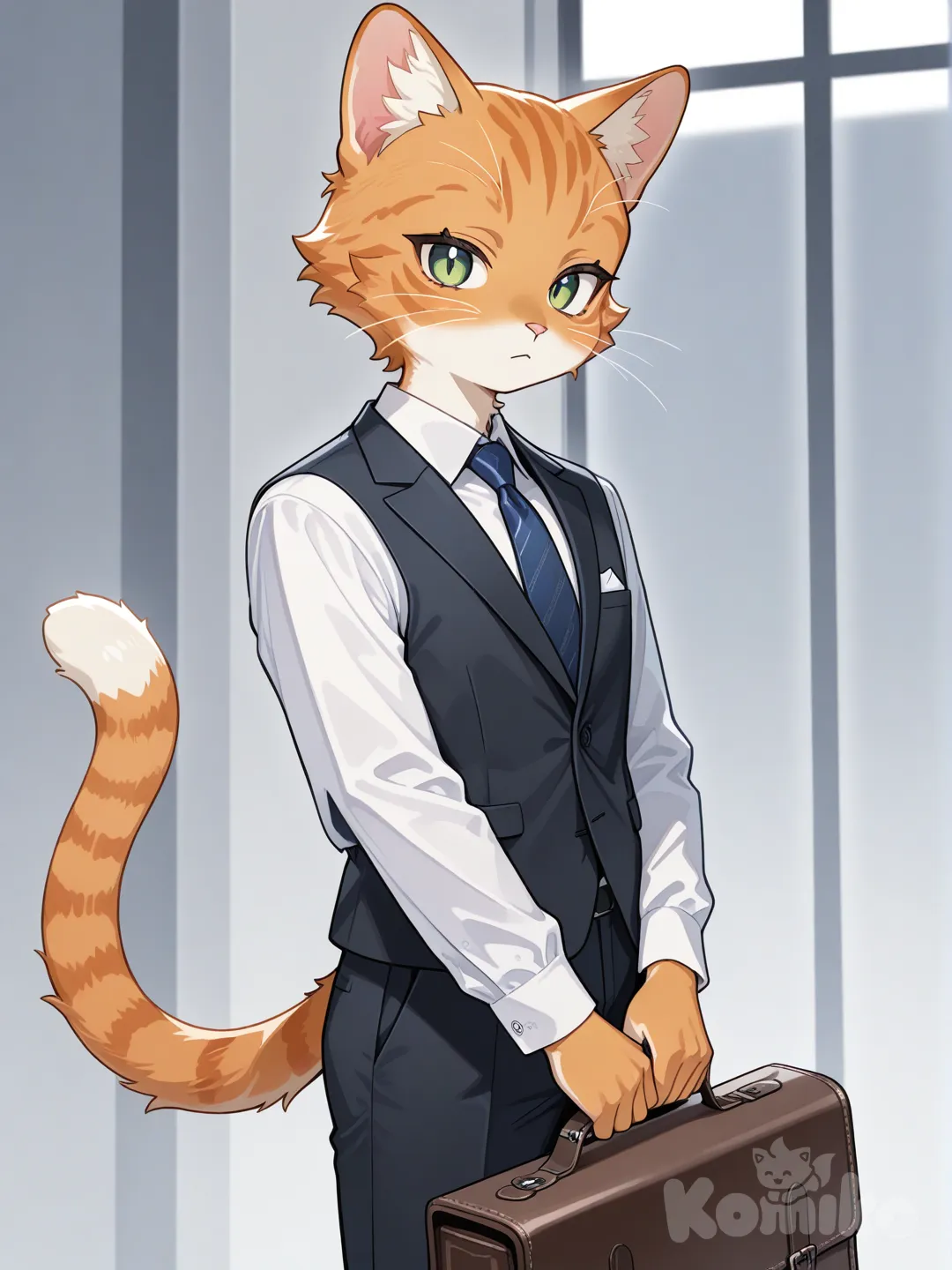 Gatinho laranja. De terno e gravata. Preparado para sair pro trabalho.