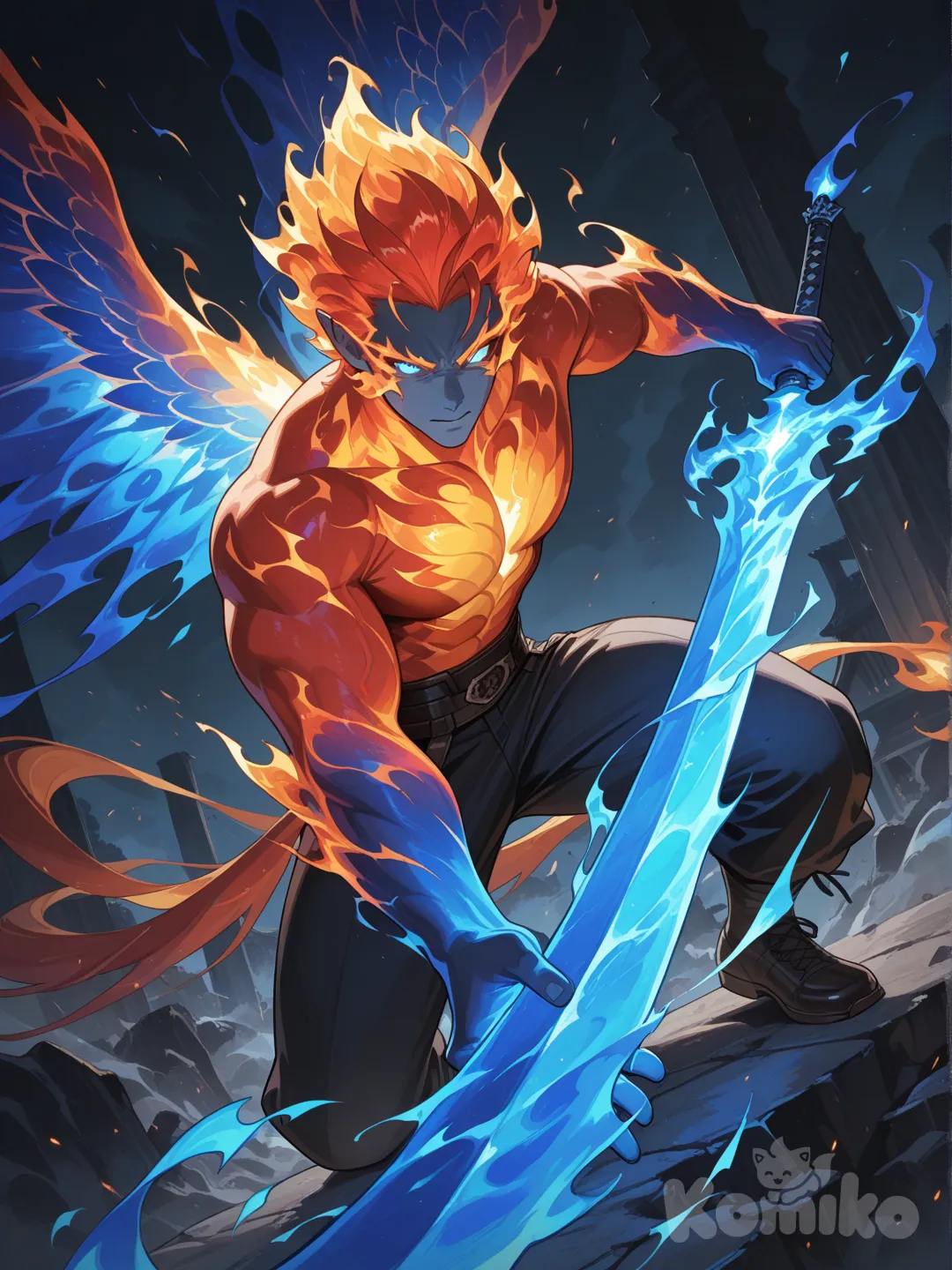 Fênix humanoide de chamas azuis com uma espada em chamas preparando pr