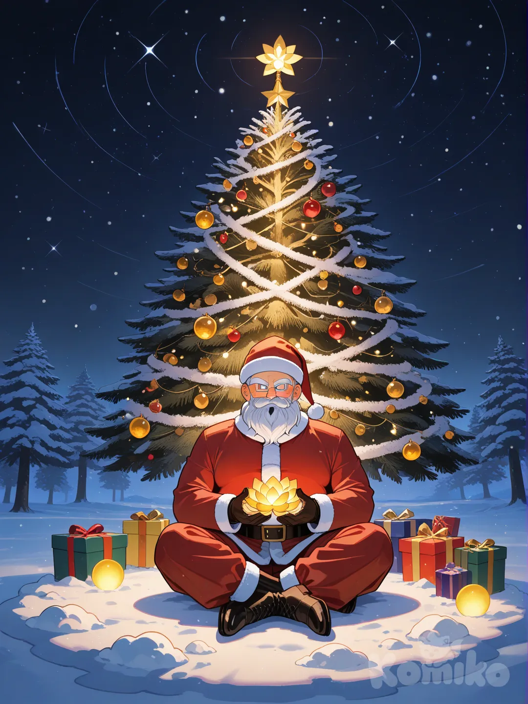 Árvore de natal, usando de decoração as esferas do dragão de dragon ball. Com papai Noel em posição de meditação ao lado.