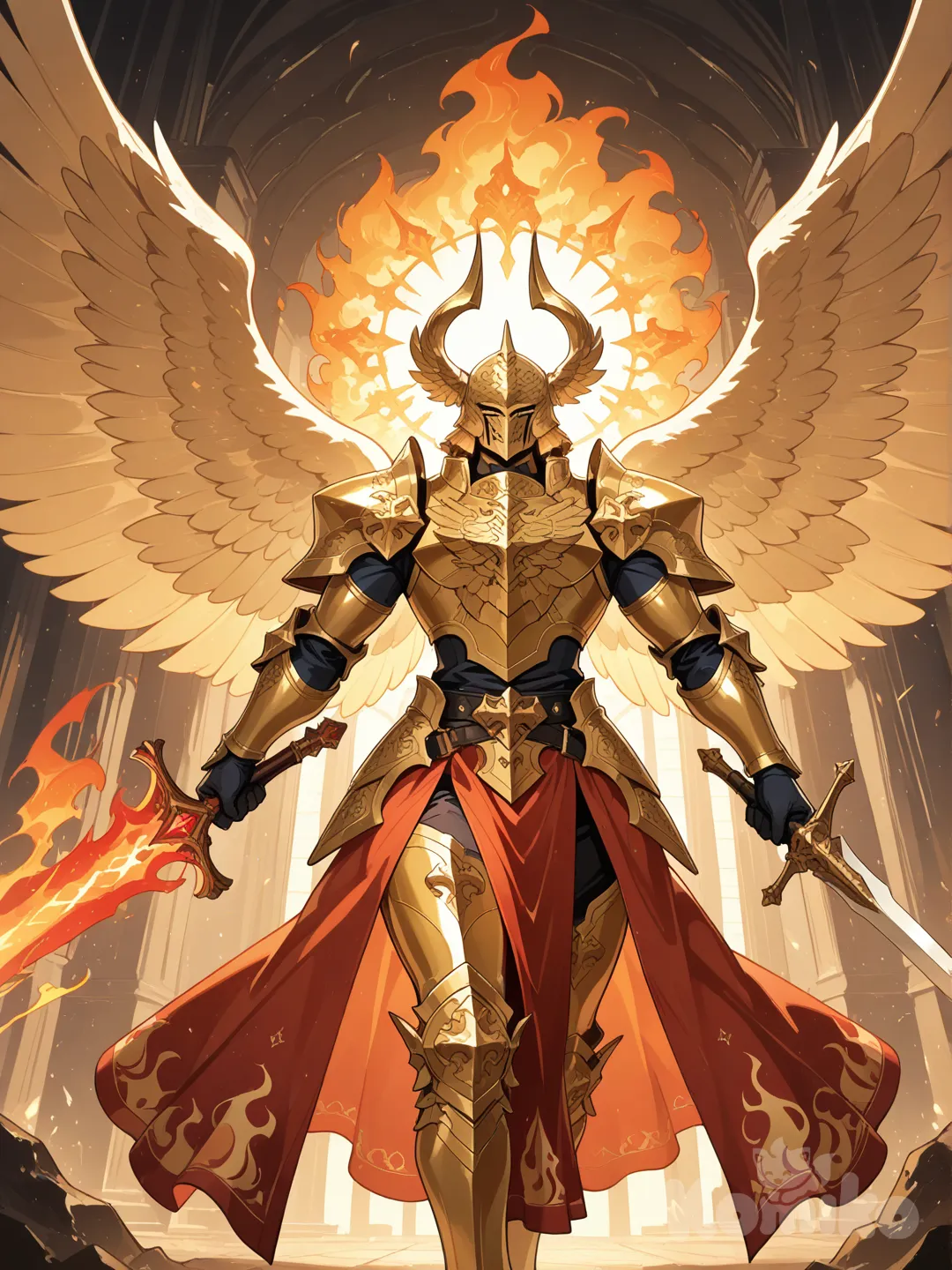 Anjo com três pares de asas enormes vestindo uma armadura dourada com detalhes em vermelho chamas. Empunhando uma espada de chamas douradas e azul.