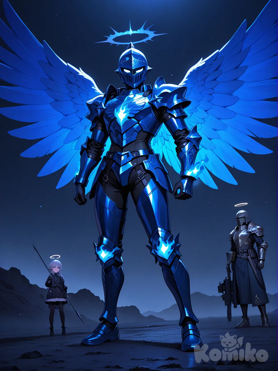 Anjo com armadura de fogo azul., 3d