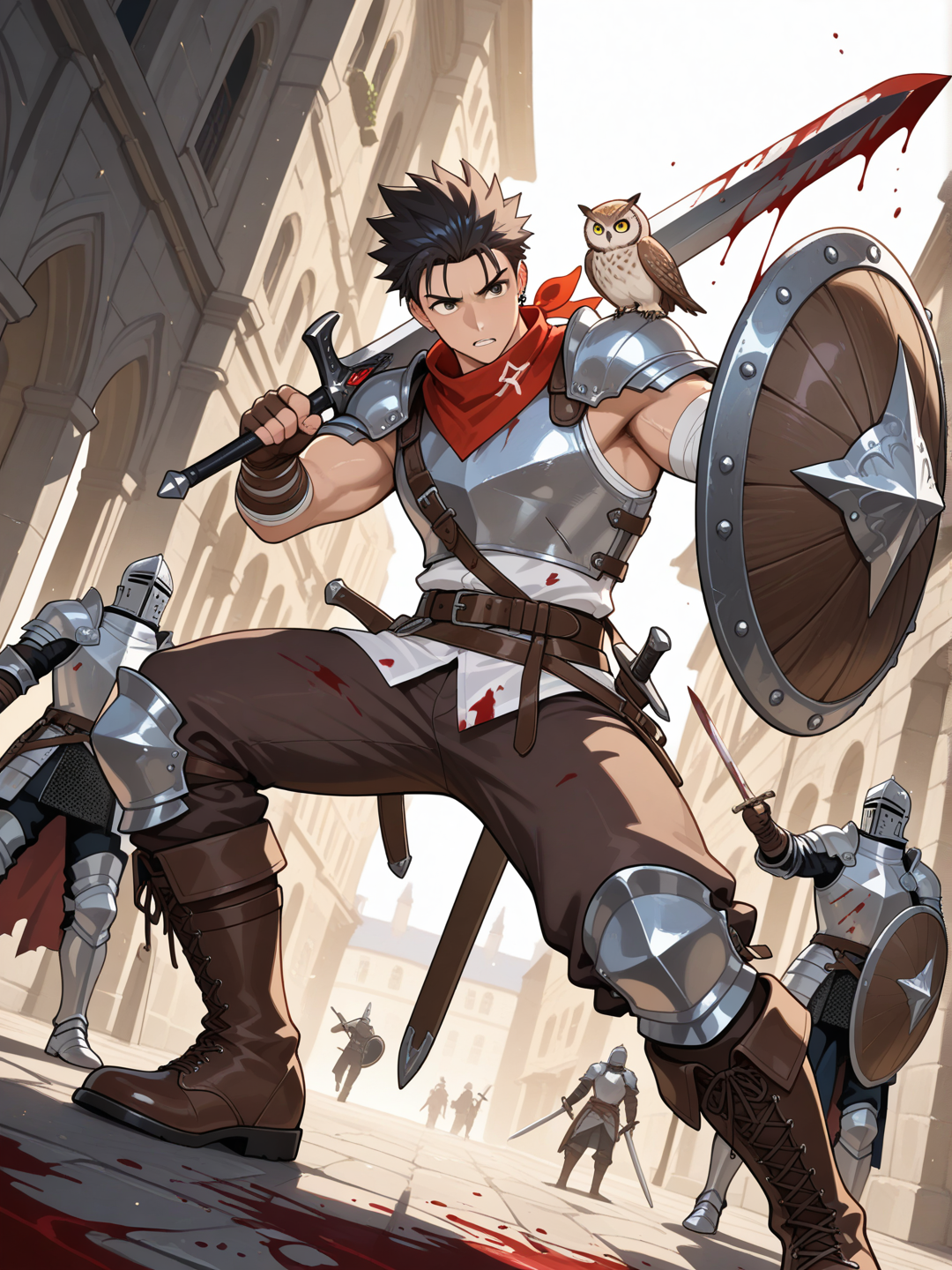 @destrian-bbgw slamming his sword through a knight holding a shield, blood on clothes