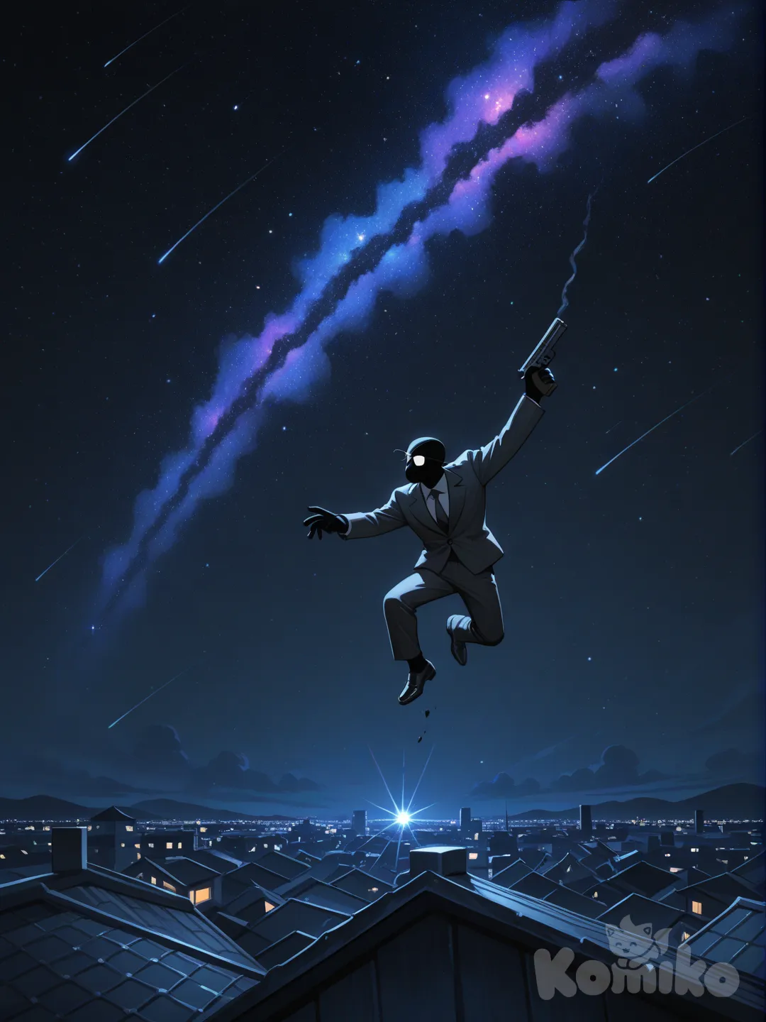 @Spongebob_Squarepants, holding gun, jumping from rooftop, suit, eye patch, charcoal black, cosmic background, neon lights, night