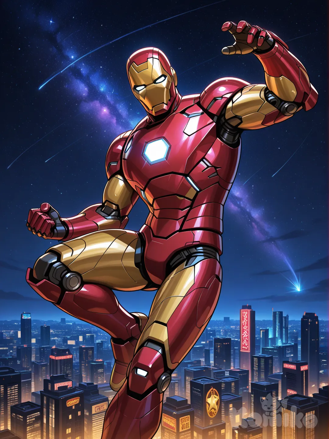 @Iron_Man, night, neon lights, cosmic background, skyscraper