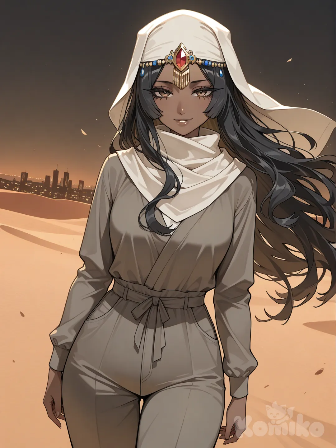 She moved with a natural grace that seemed to carry the rhythm of ancient deserts and modern cities alike. Her eyes, the deep shade of rich coffee or twilight, held stories and a keen intelligence. Framed by long, dark lashes, their gaze was both warm and penetrating. Her hair, like a cascade of dark silk, flowed in waves that caught the light, sometimes partially covered by a stylish keffiyeh or scarf that added an air of elegant mystery.Her features were striking – high cheekbones, a strong nose, and full lips that easily curved into a generous smile. The light danced on her golden-olive skin, reminiscent of sun-kissed dunes. She wore a modern, tailored abaya in a deep charcoal grey over fitted trousers, the fabric moving fluidly with her. It was an ensemble that spoke of confidence and contemporary style while honoring heritage.What was most captivating was not any single feature, but the aura she carried: one of quiet strength, self-assuredness, and a vibrant spirit that shone through. She was like a modern Scheherazade – not a mystery to be unraveled by others, but the author of her own compelling story.