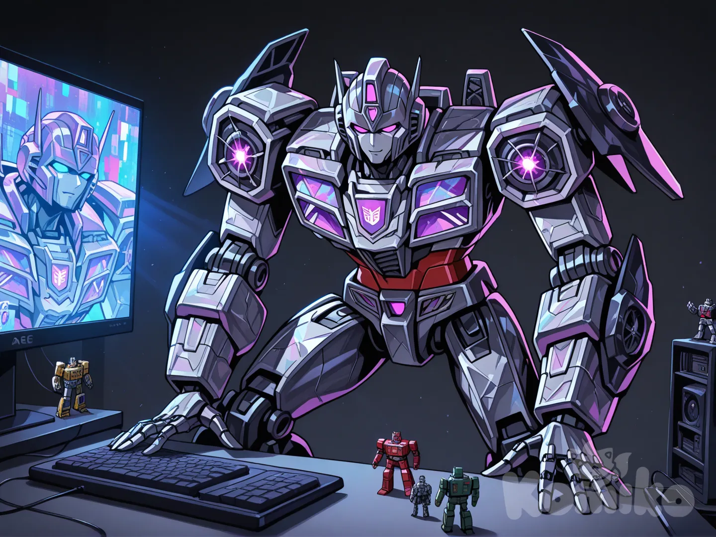 Certainly! Here is a description of the image in English:
🤖 Image Description
This is a close-up shot of a collection of complex action figures or models, likely from the Transformers or a similar mech/robot franchise, displayed in a dimly lit setting.
 * The Figures: There appear to be about six to seven figures grouped together. They are highly stylized with sharp, mechanical details and bright colors. The most prominent figures include:
 * A figure in the center foreground that is primarily military green/sage and grey, standing lower than the others.
 * Several figures positioned slightly behind and above the center one, featuring striking color schemes like red and black, yellow and black, and grey/white and blue. They have large, spiky details on their heads and shoulders, giving them an aggressive or heroic appearance.
 * A figure on the far right that is predominantly black and dark grey.
 * The Background: The figures are positioned directly in front of a computer or TV screen which is displaying a vibrant, abstract pattern of light rays and colors, possibly from a video game or a stylized graphic. The bright screen creates a dramatic, high-contrast effect with the dark figures.
 * The Foreground/Setting: The very bottom of the image shows a dark surface with a subtle glow of pink/purple light coming from a device, which looks like a gaming mouse (a Logitech G mouse is partially visible on the bottom right) or keyboard, suggesting the display is on a gaming desk.
Overall, the picture captures a cool, intense display of collectible robot figures set against a dramatic, glowing backdrop.
Would you like me to identify any of these specific figures or translate this description into Vietnamese?