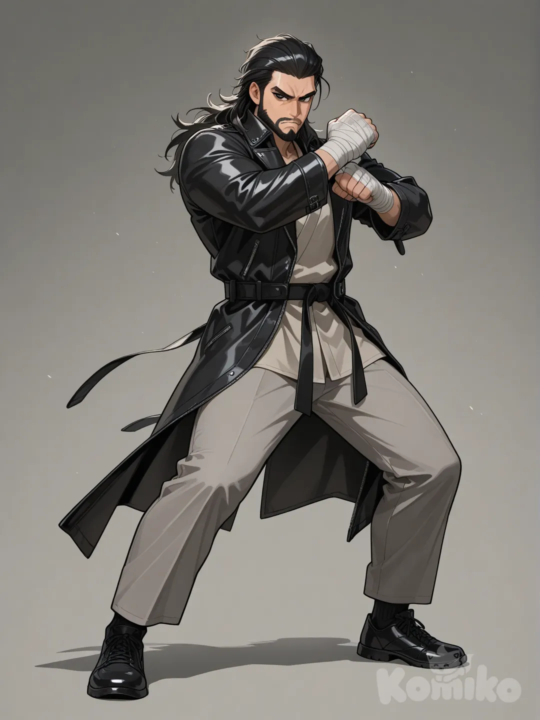 Haz a un hombre como de 30 años con barba , de cabello Negro largo hacia atrás ojos negros , que este usando una chaqueta negra de cuero larga parecido a una gabardina con unos pantalones de artes marciales tipo karate de color gris oscuro y su cinturón negro musculoso pero delgado, que este haciendo una pose de boxeo estilo ortodoxo en los puños tiene que tener unas vendas negras , tiene que verse serio casi enojado pero tranquilo como esperando pelear listo para pelear