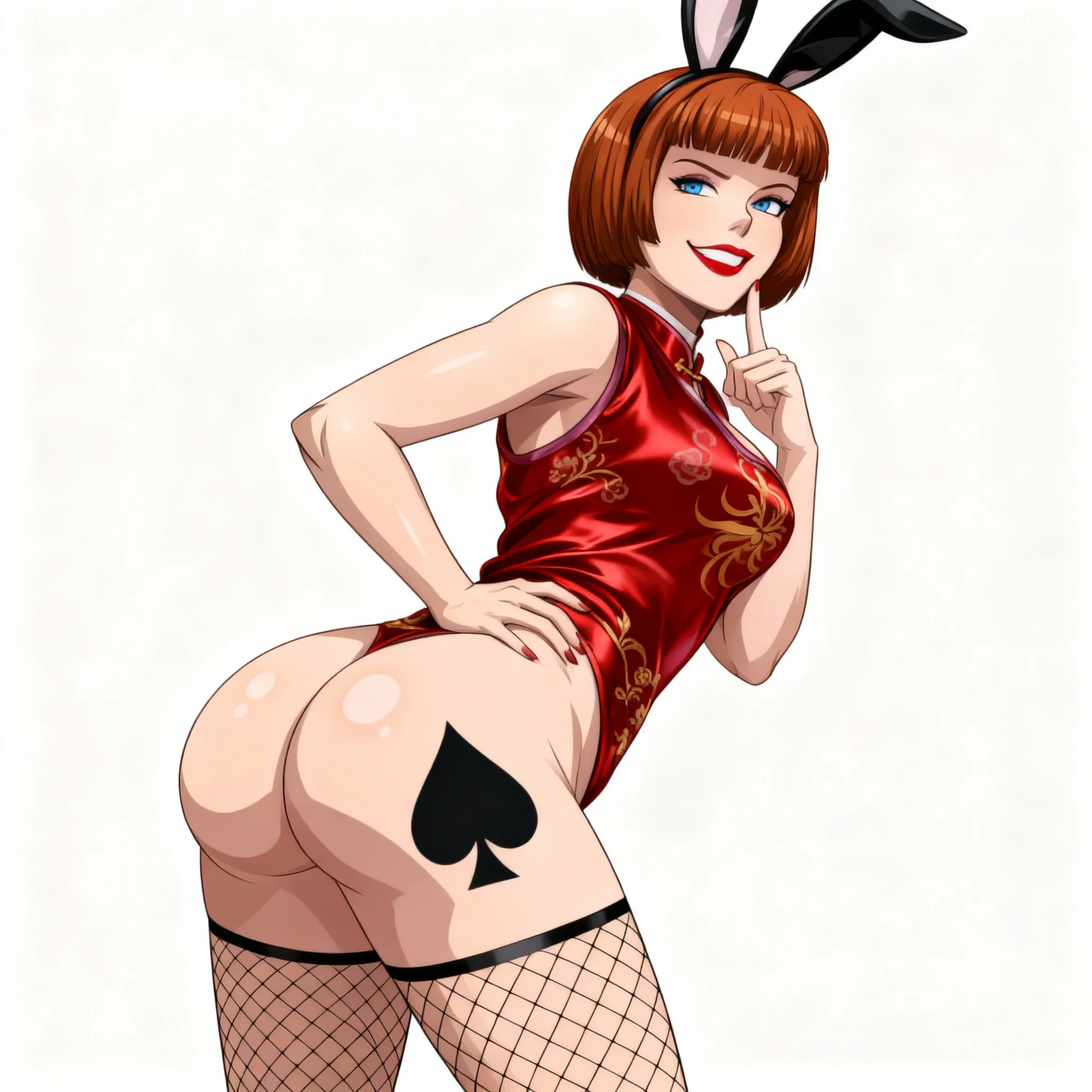 Make her wearing a silk sleeveless top that's red with gold floral patterns, same pose, showing full naked ass, fishnet stockings that only come up to thighs, large black spade symbol tattoo on asscheek, wearing bunny ears, blank background, perfect anatomy, perfect round ass smug evil smirk, juicy lips with red lipstick