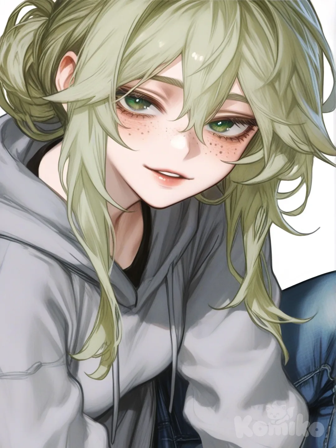 [semi-realistic-portrait-style] 1girl, original_character, teenager, athletic, green_hair, green_eyes, freckles, fair_skin, hoodie, jeans, long_hair, relaxed_pose, single_character, full_body, looking_at_viewer, anime_style, simple_background, white_background