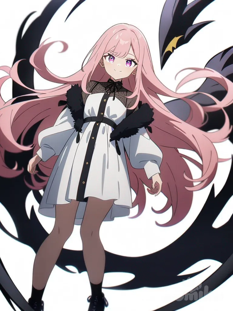 1girl, pink hair, long flowing hair, fashionable outfit, gentle smile, expressive eyes, demon, teenager, slim, anime coloring, single character, full body, looking at viewer, anime style, simple background, white background