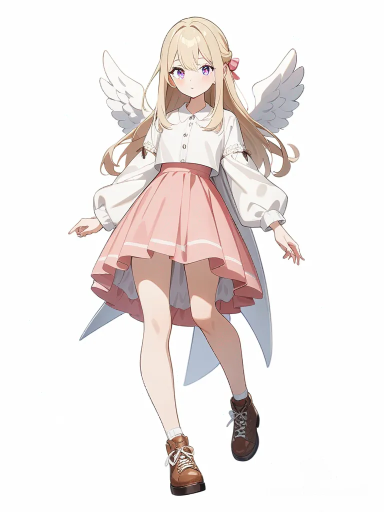 1girl, angel, teenager, slim, long hair, single character, full body, looking at viewer, anime style, simple background, white background