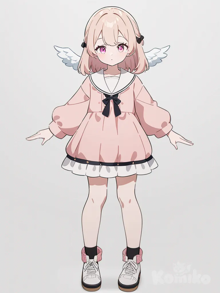 1girl, angel, teenager, petite, pink eyes, fair skin, single character, full body, looking at viewer, anime style, simple background, white background