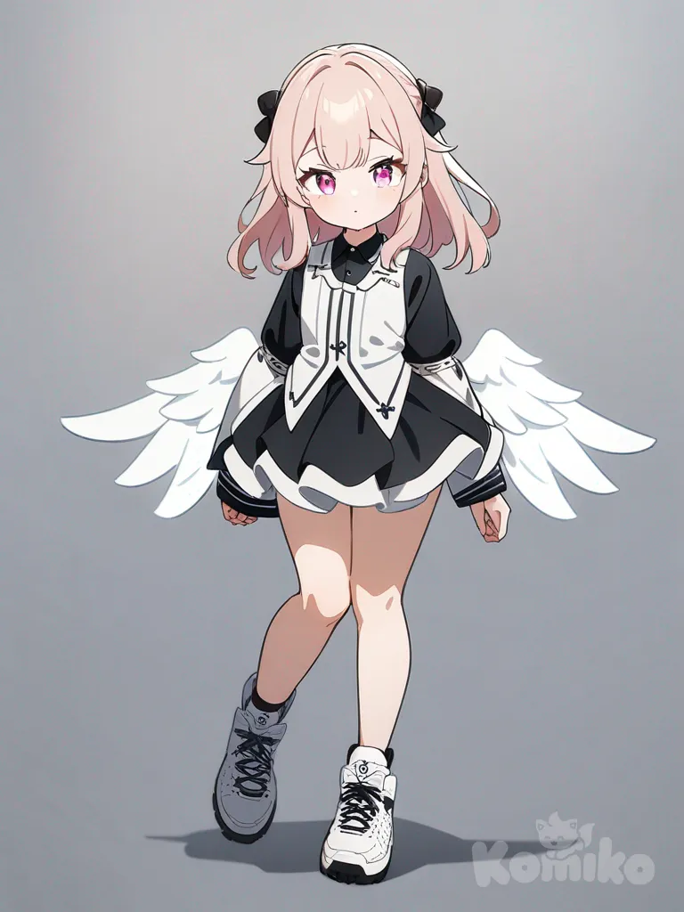 1girl, angel, teenager, petite, pink eyes, fair skin, single character, full body, looking at viewer, anime style, simple background, white background