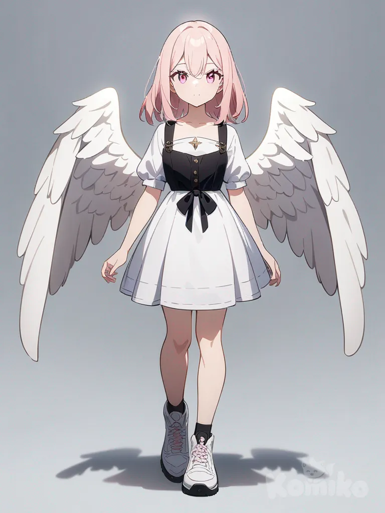 1girl, angel, teenager, slim, pink eyes, fair skin, single character, full body, looking at viewer, anime style, simple background, white background