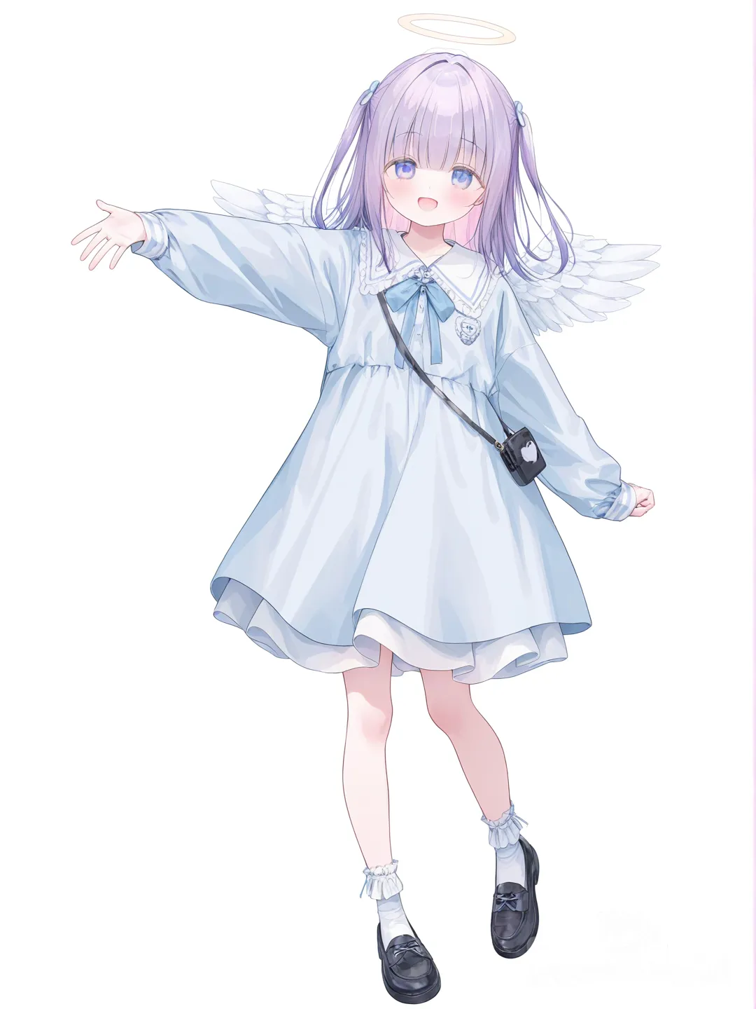 [soft-pastel-style] 1girl, angel, child, petite, purple hair, single character, full body, looking at viewer, anime style, simple background, white background
