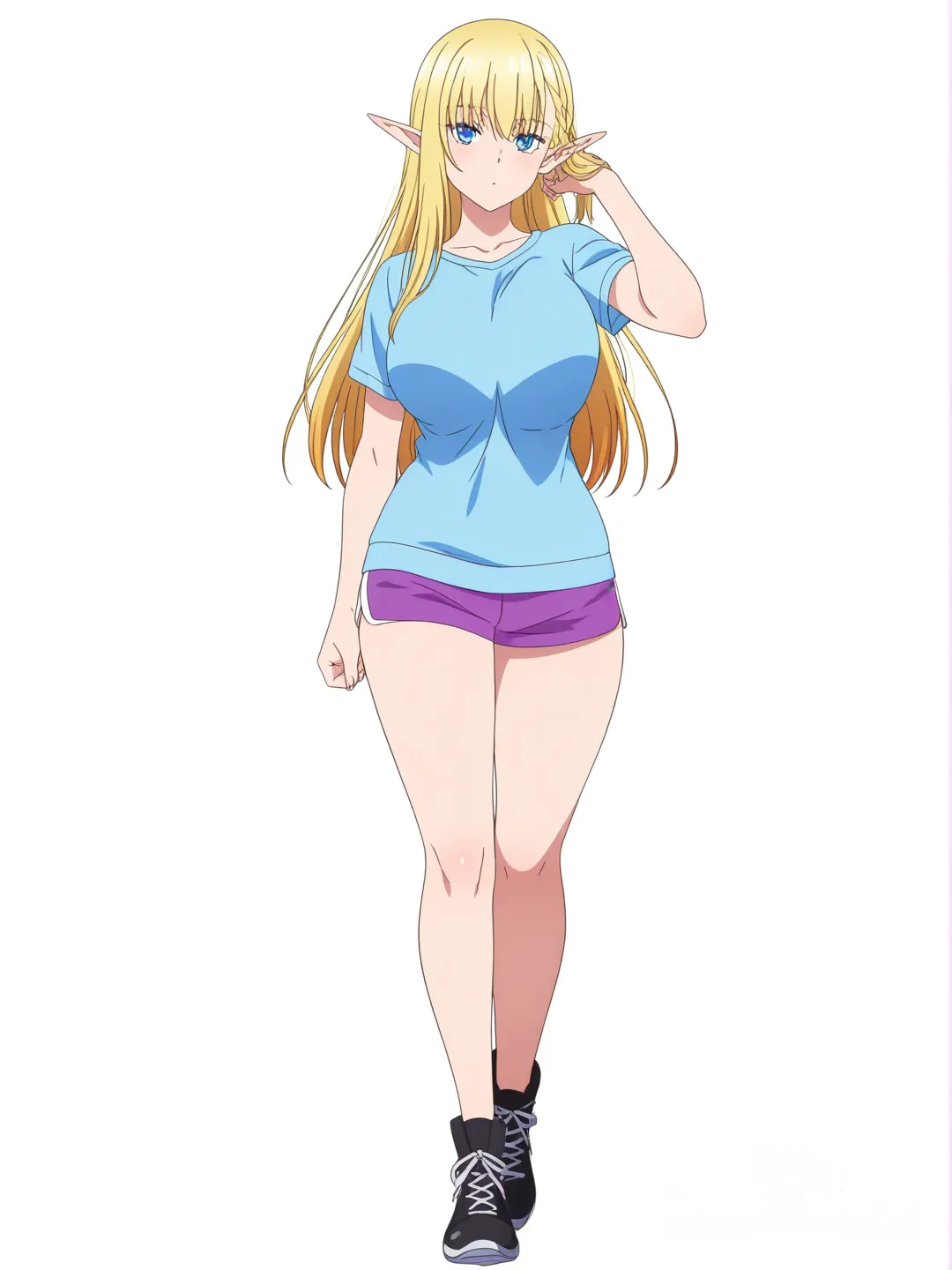 [pop-anime-style] 1girl, elf, teenager, curvy, straight hair, single character, full body, looking at viewer, anime style, simple background, white background