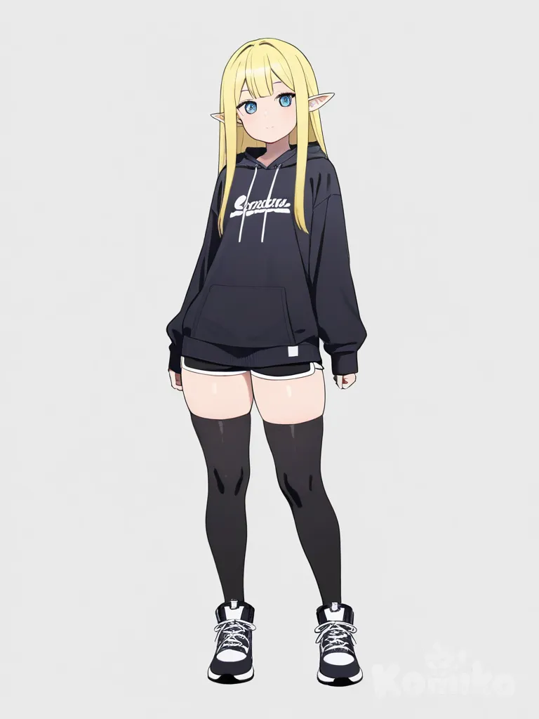 1girl, elf, teenager, curvy, straight hair, single character, full body, looking at viewer, anime style, simple background, white background