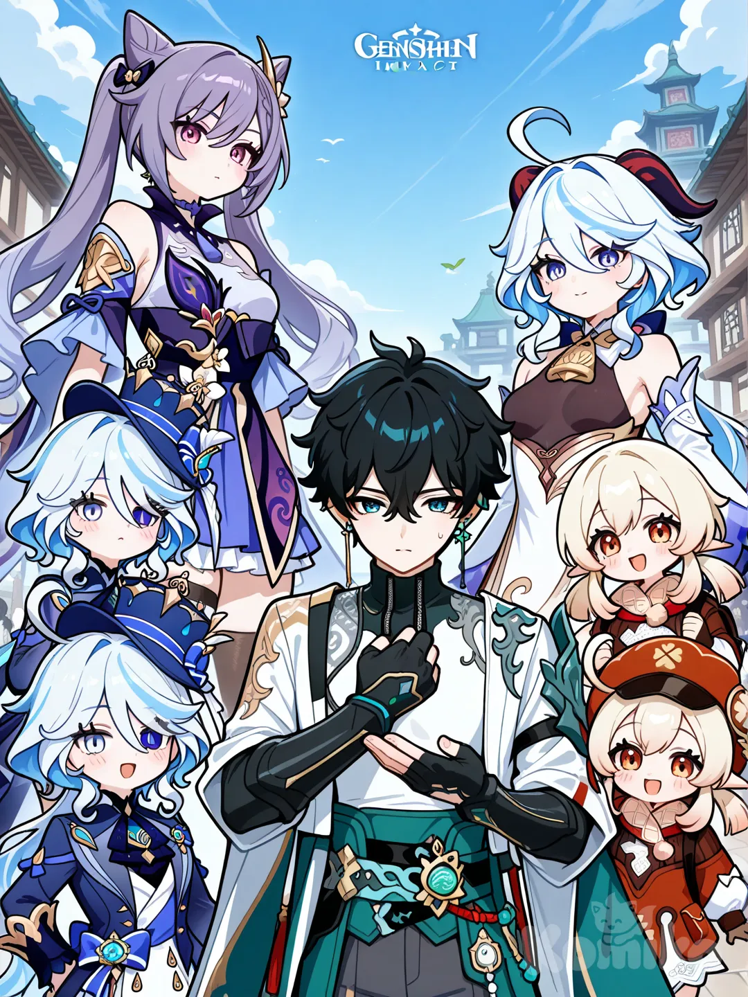 @Keqing_(Genshin_Impact), @Dan_Heng_(Honkai:Star_Rail), @Ganyu_(Genshin_Impact), @Furina_(Genshin_Impact), @Klee_(Genshin_Impact), @Venti_(Genshin_Impact), @Jean_(Genshin_Impact) white hair blue and gray eyes