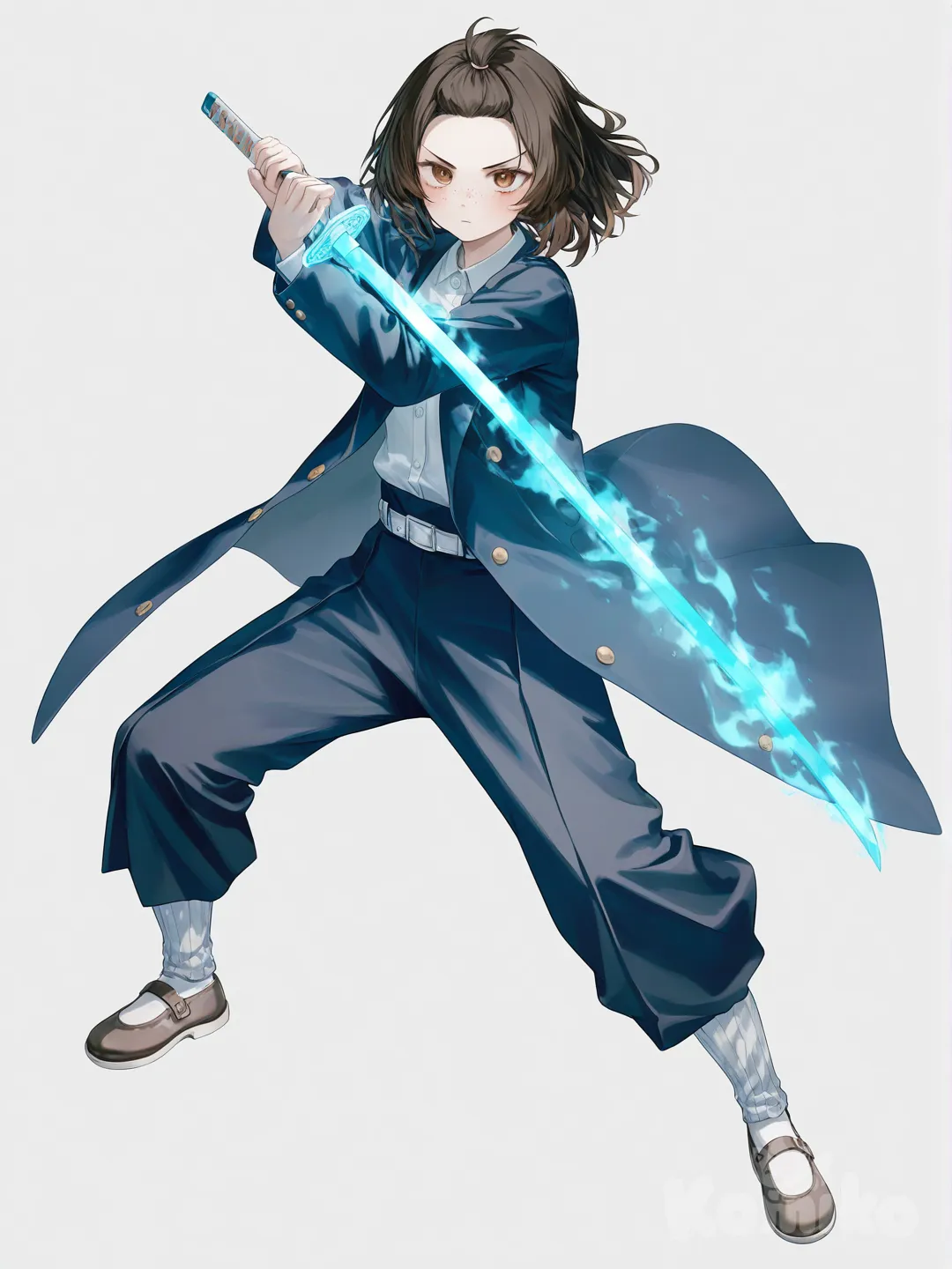 [soft-pastel-style] 1girl, kimetsu no yaiba style, teenager, tall, curly brown hair, short hair, brown eyes, freckles, fair skin, blue coat, dress, baggy dark blue pants, holding sword, sword glowing blue, serious expression, single character, full body, looking at viewer, simple background, white background
