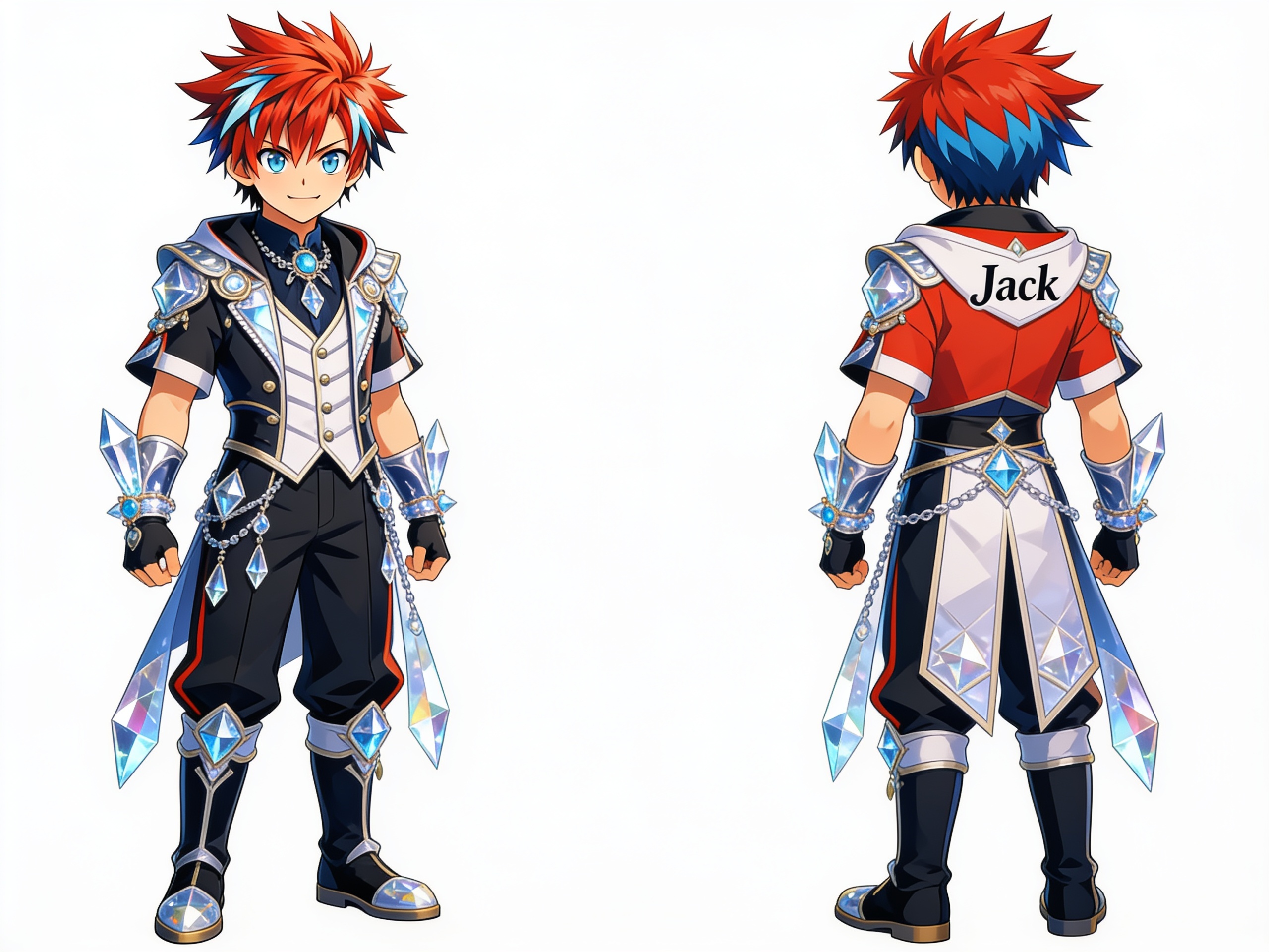 1boy, Jack, young boy, crystal accessories, prism accessories, fantasy uniform, single character, full body, looking at viewer, anime style, simple background, white background, anime style
