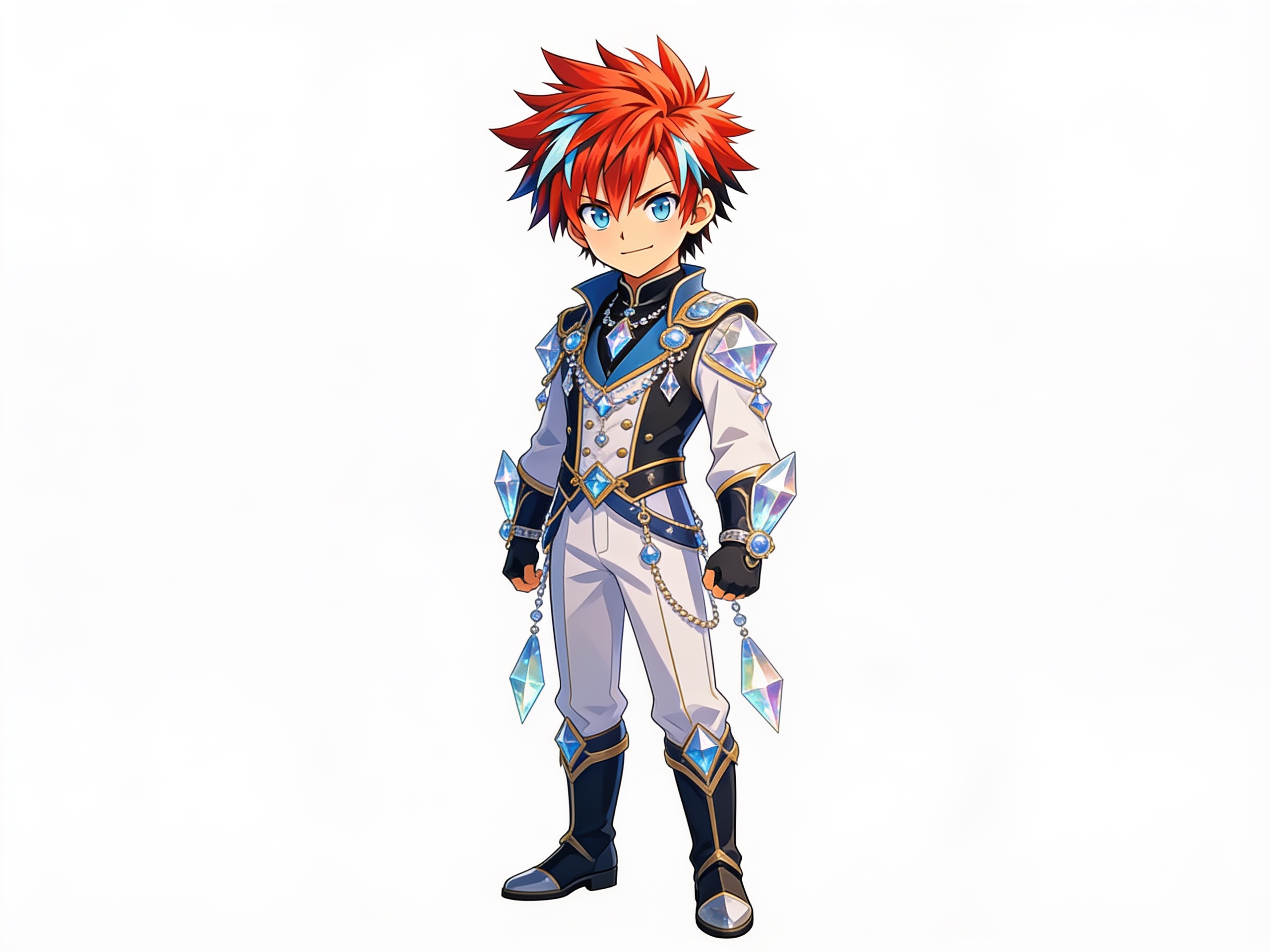 1boy, Jack, young boy, crystal accessories, prism accessories, fantasy uniform, single character, full body, looking at viewer, anime style, simple background, white background, anime style