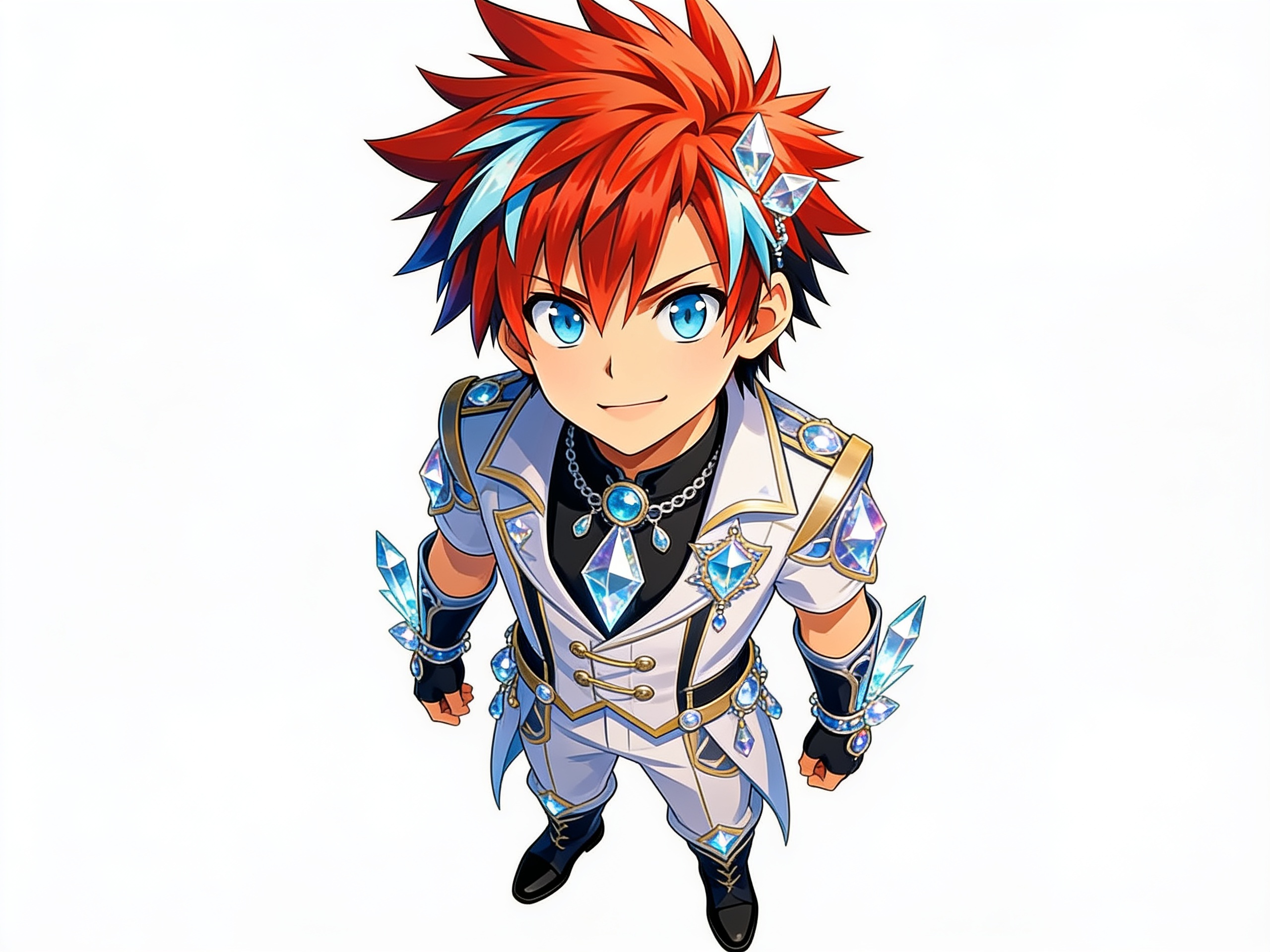 1boy, Jack, young boy, crystal accessories, prism accessories, fantasy uniform, single character, full body, looking at viewer, anime style, simple background, white background, anime style