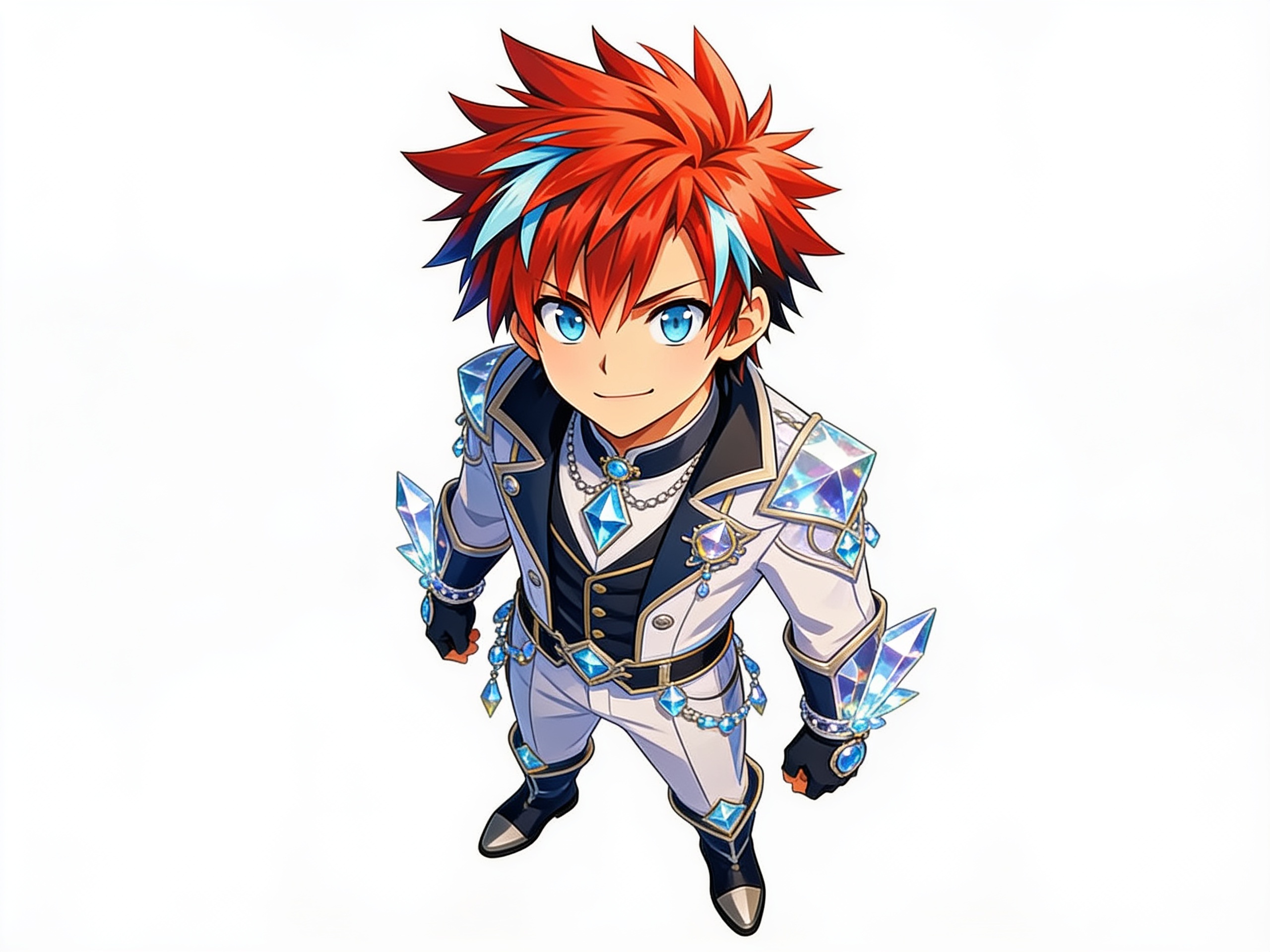 1boy, Jack, young boy, crystal accessories, prism accessories, fantasy uniform, single character, full body, looking at viewer, anime style, simple background, white background, anime style
