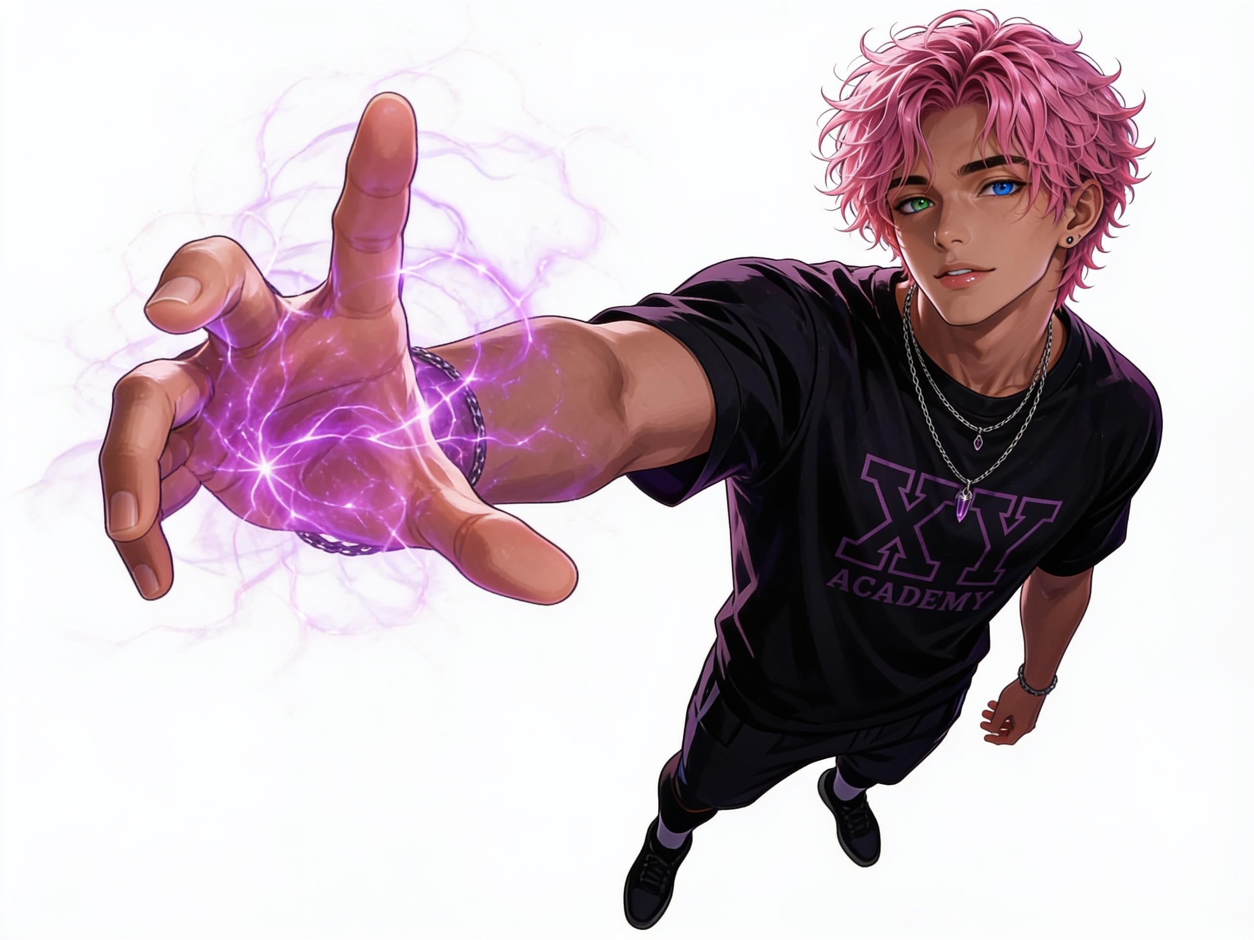 [semi-realistic-portrait-style]1boy, pink hair, heterochromia, green eye, blue eye, teenager, athletic, single character, full body, looking at viewer, anime style, simple background, white background, anime style